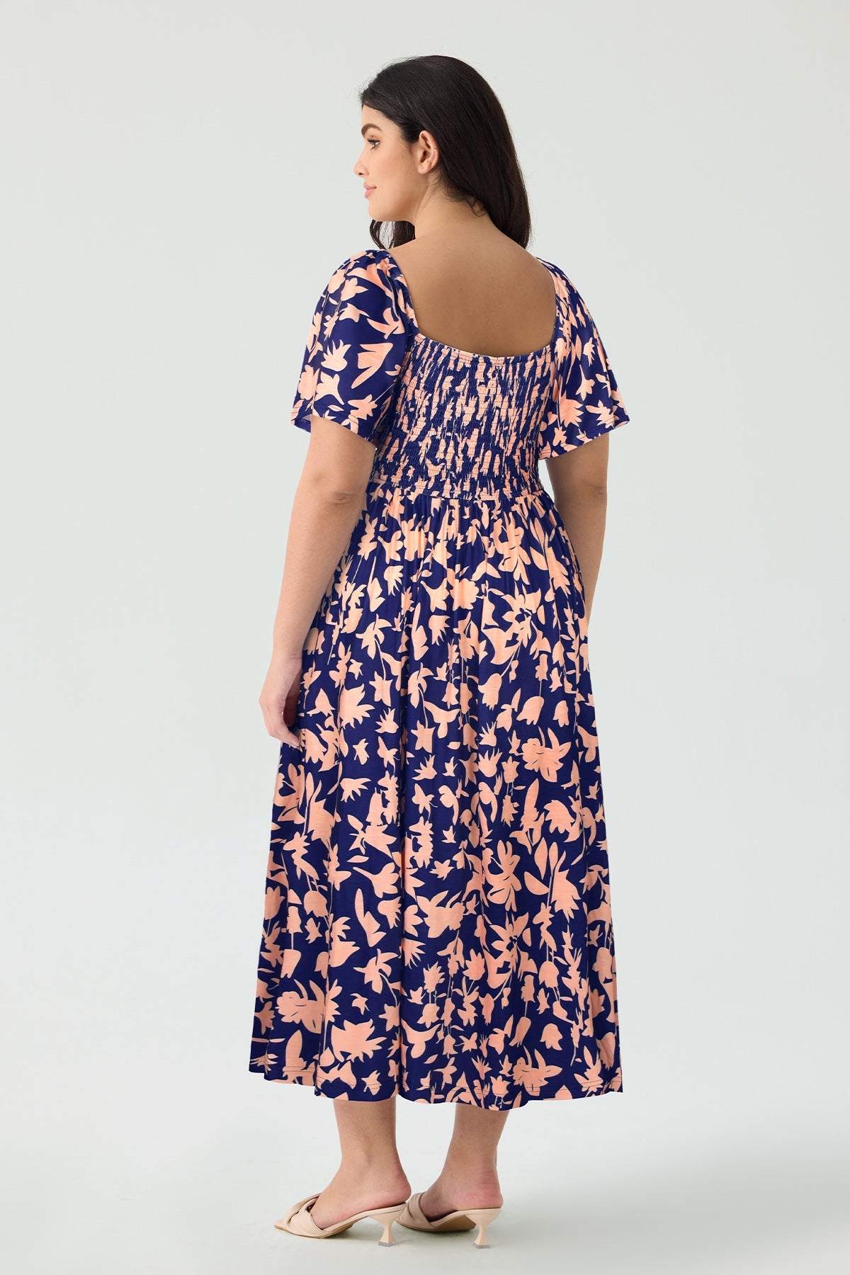 Pockets Elastic Square Neck Floral Midi Dress