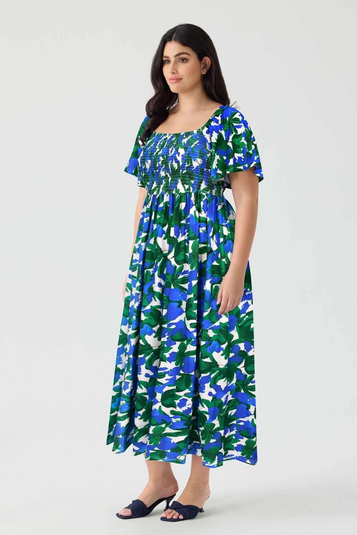 Pockets Elastic Square Neck Floral Midi Dress