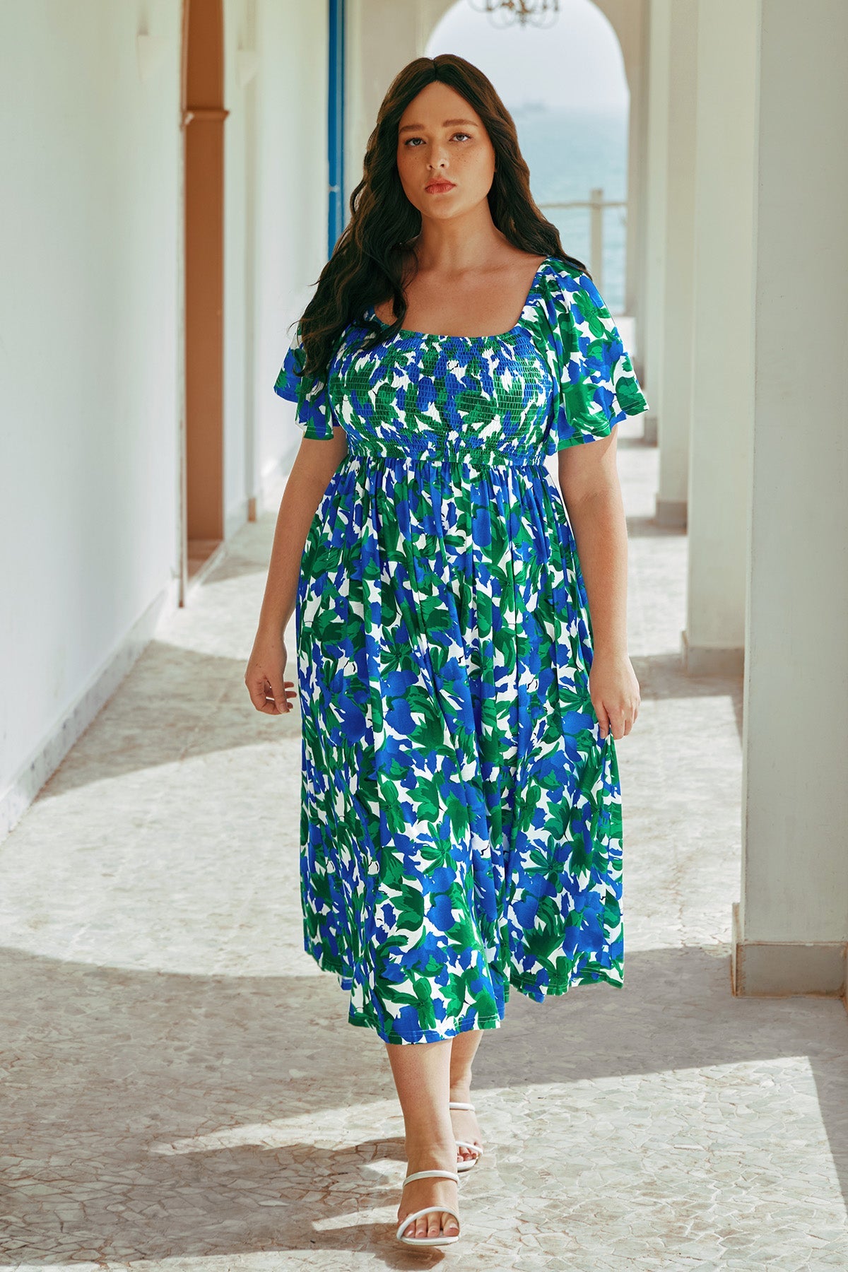 Pockets Elastic Square Neck Floral Midi Dress