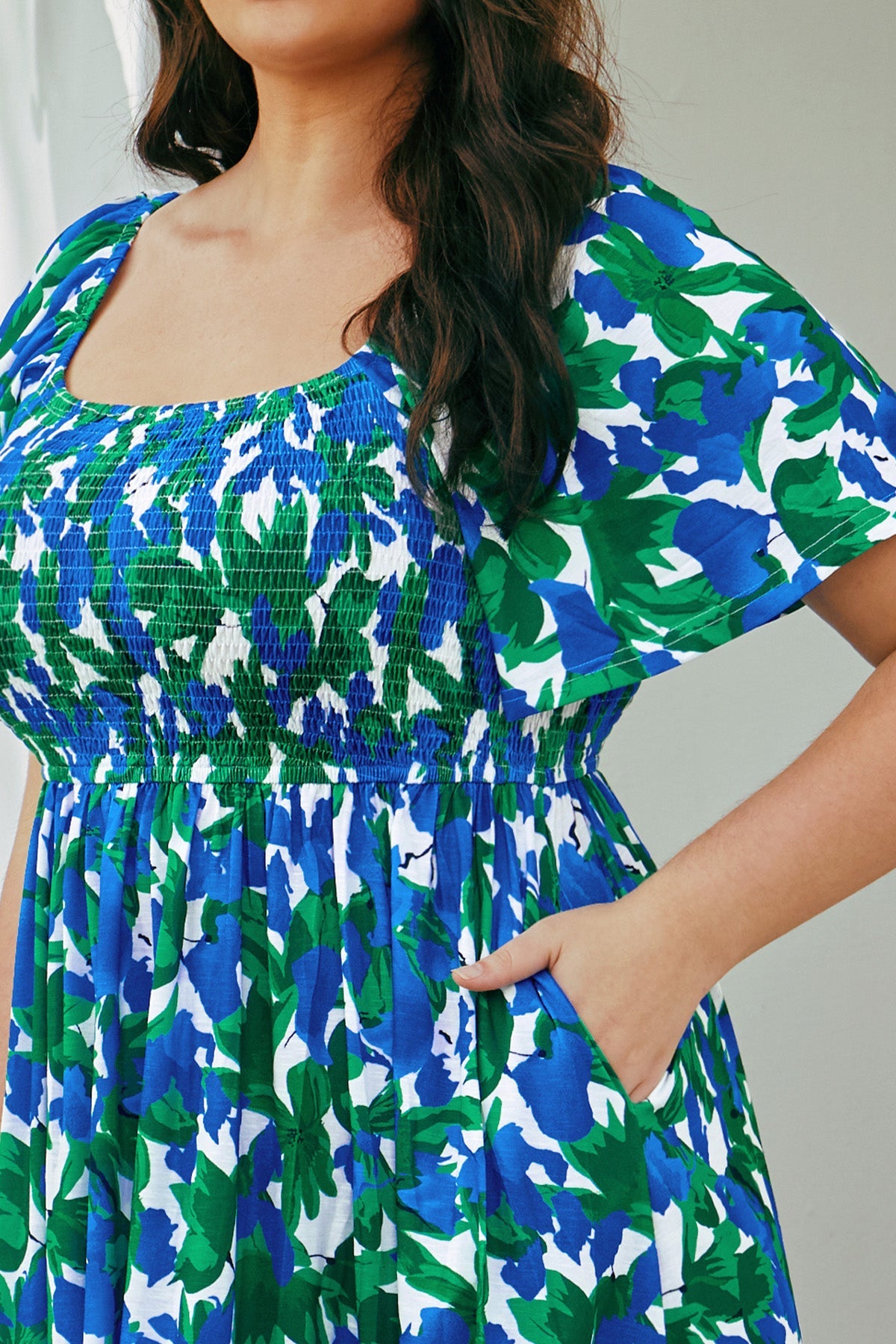 Pockets Elastic Square Neck Floral Midi Dress