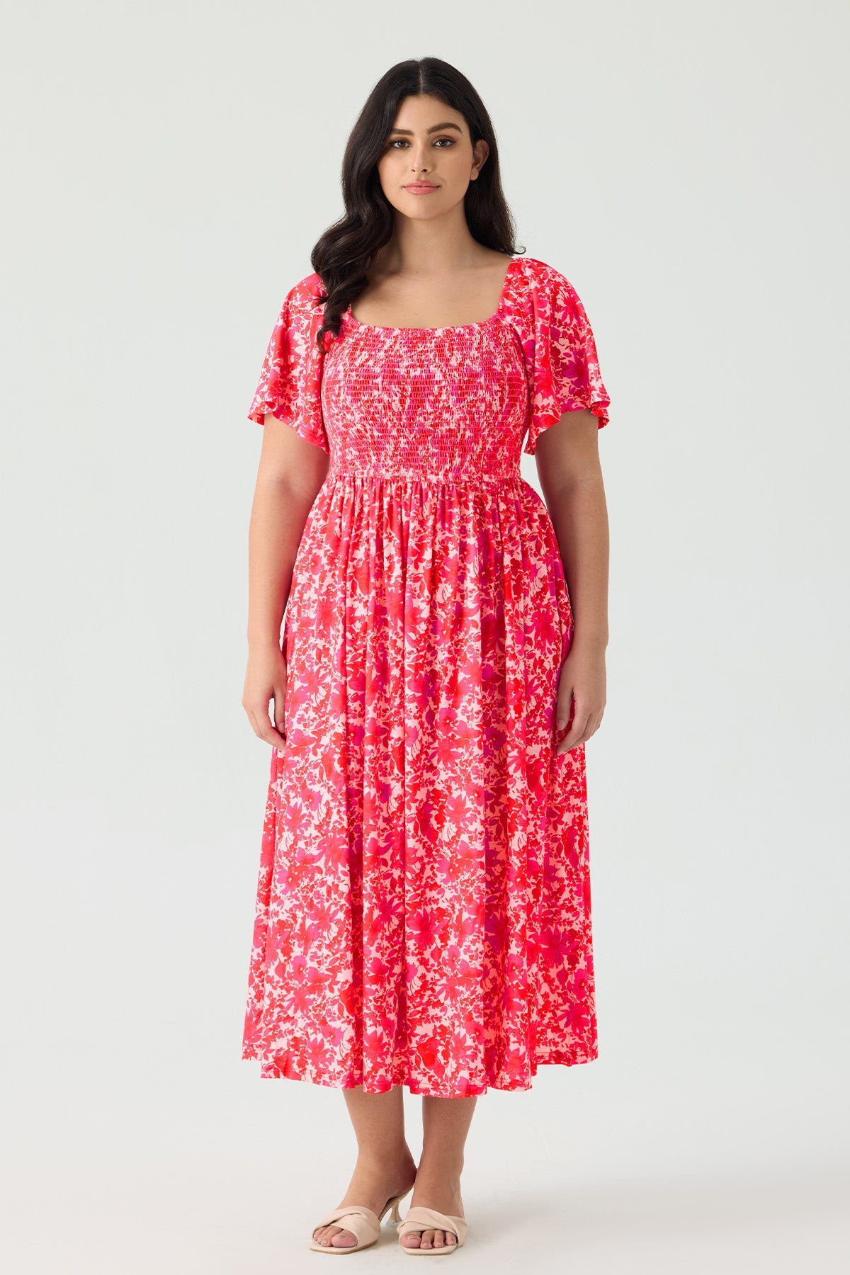 Pockets Elastic Square Neck Floral Midi Dress