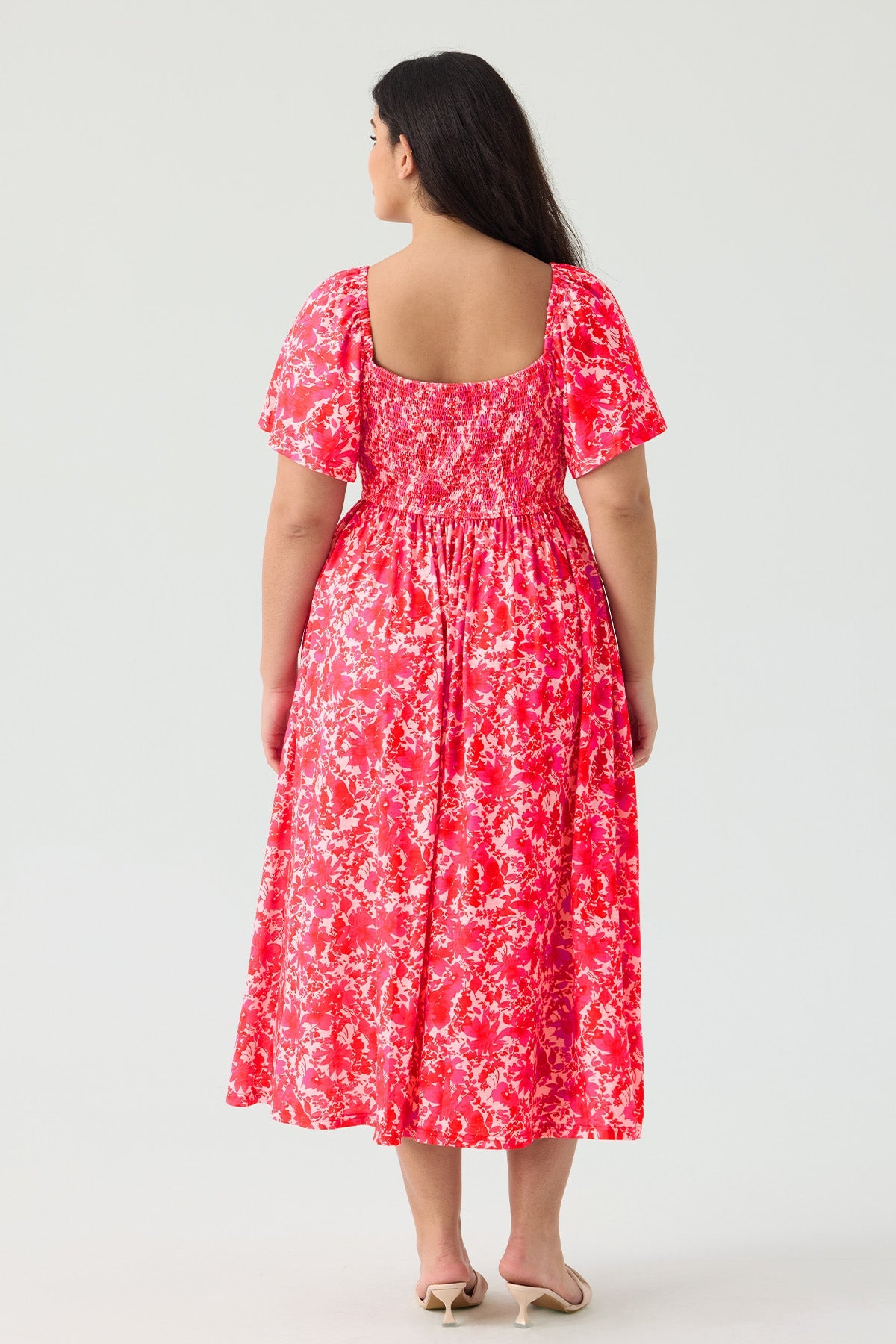 Pockets Elastic Square Neck Floral Midi Dress