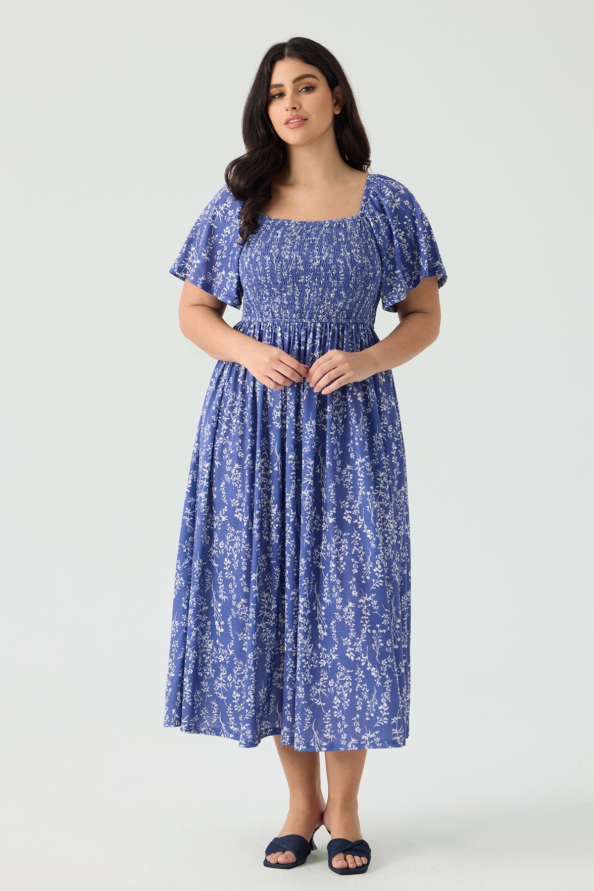 Pockets Elastic Square Neck Floral Midi Dress