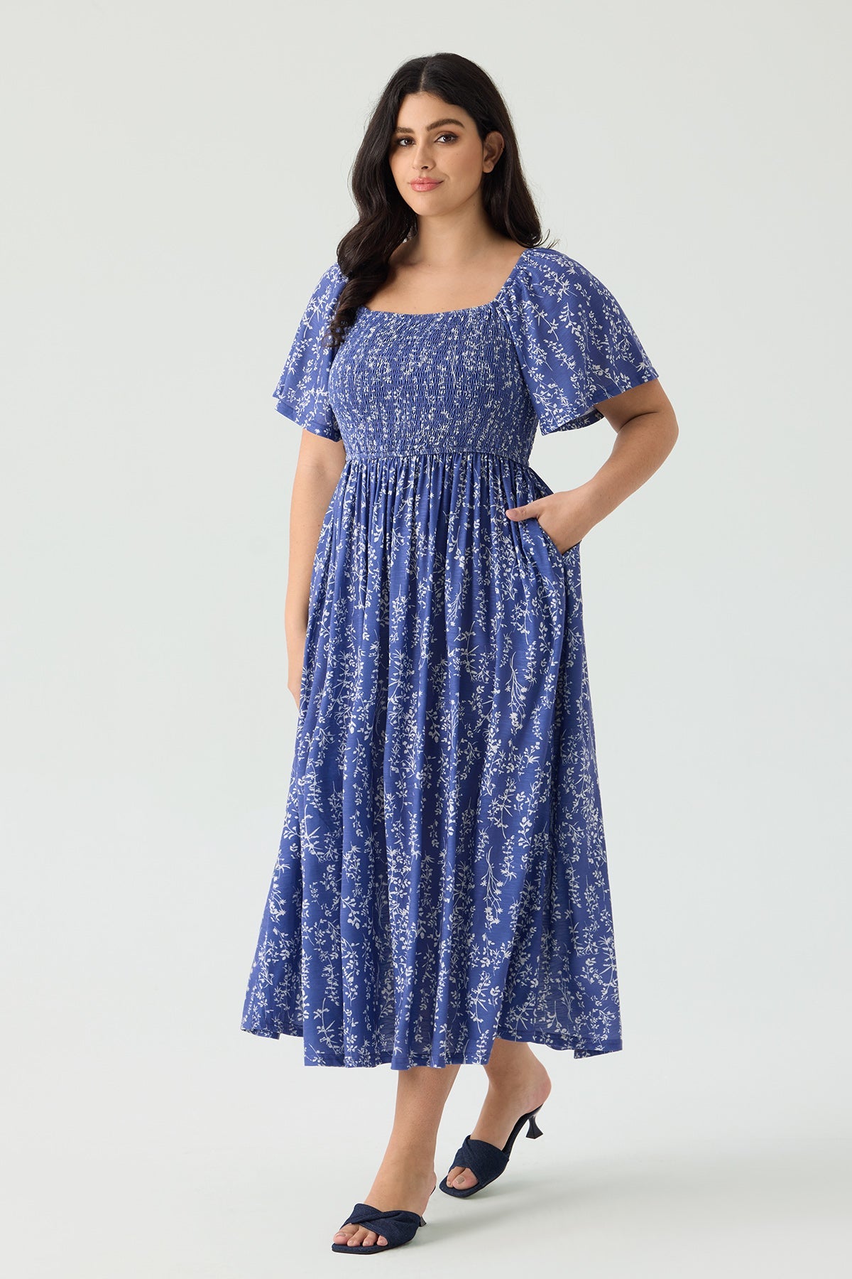 Pockets Elastic Square Neck Floral Midi Dress