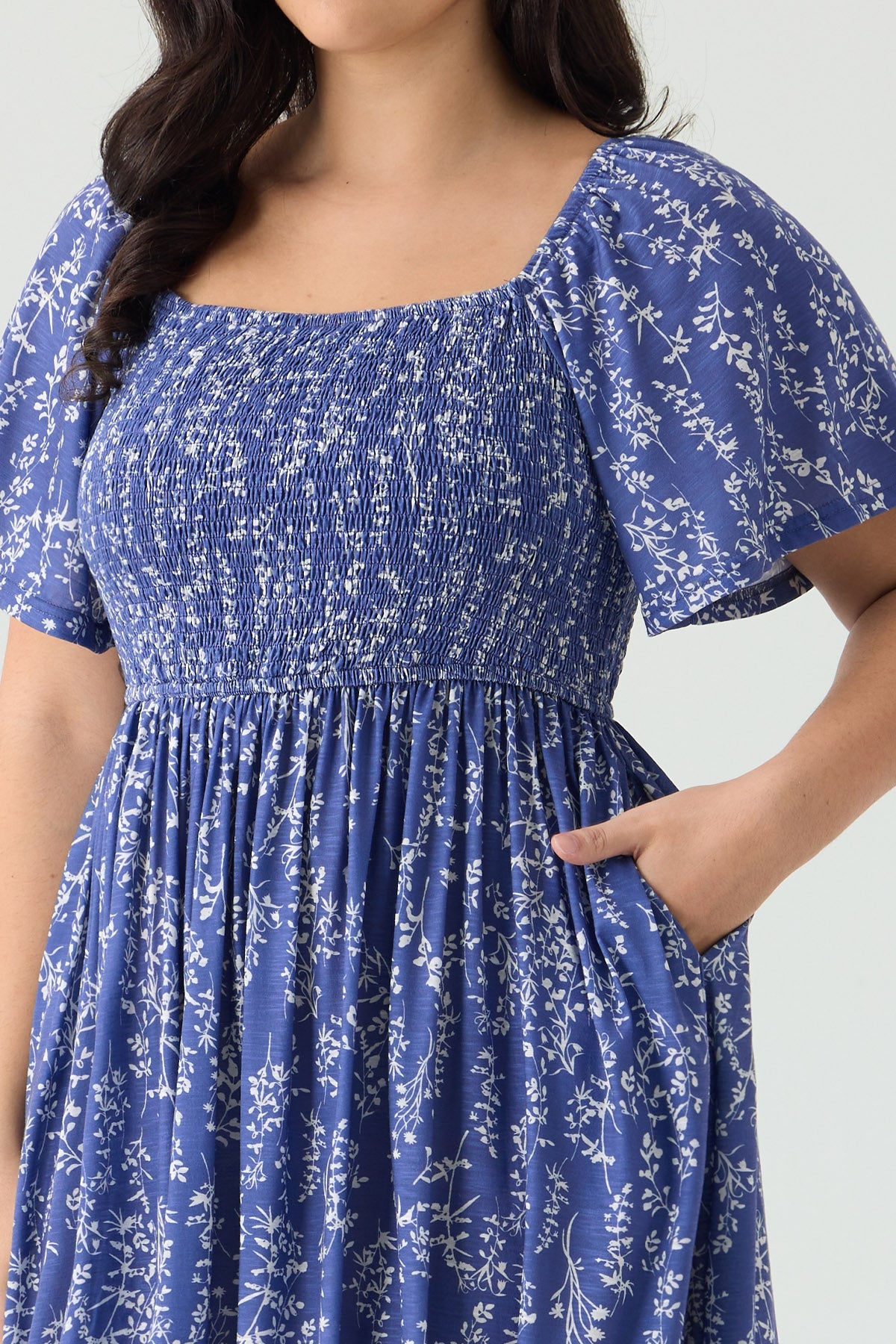 Pockets Elastic Square Neck Floral Midi Dress