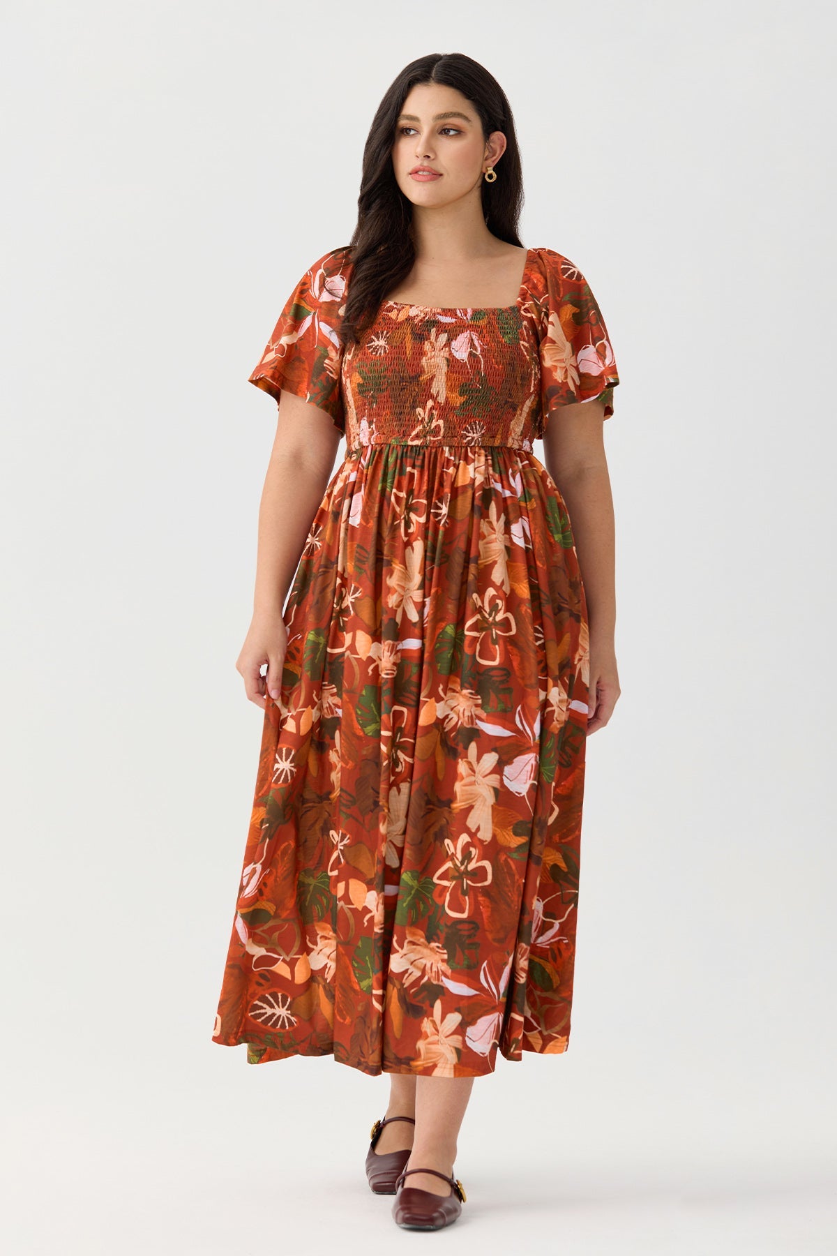 Square Neck Floral Print Smocked Waist Midi Dress