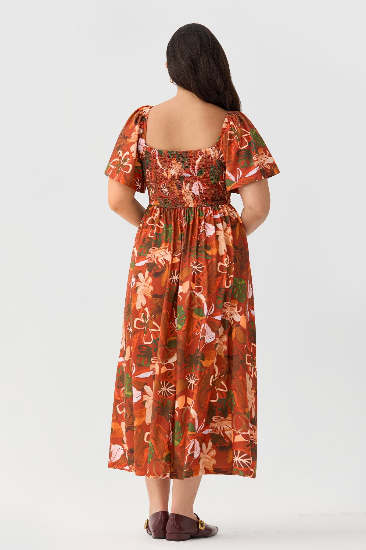 Square Neck Floral Print Smocked Waist Midi Dress