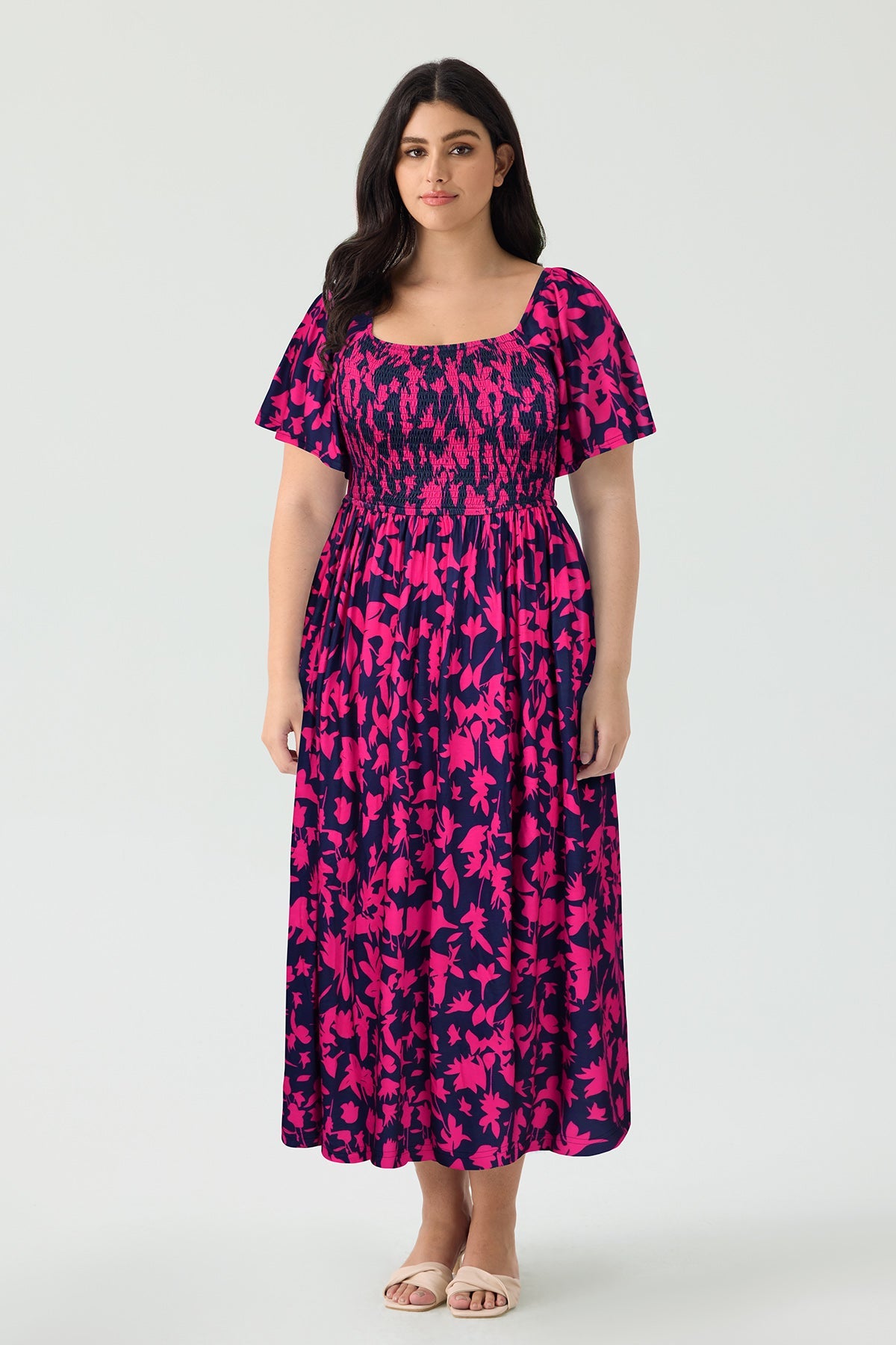 Pockets Elastic Square Neck Floral Midi Dress