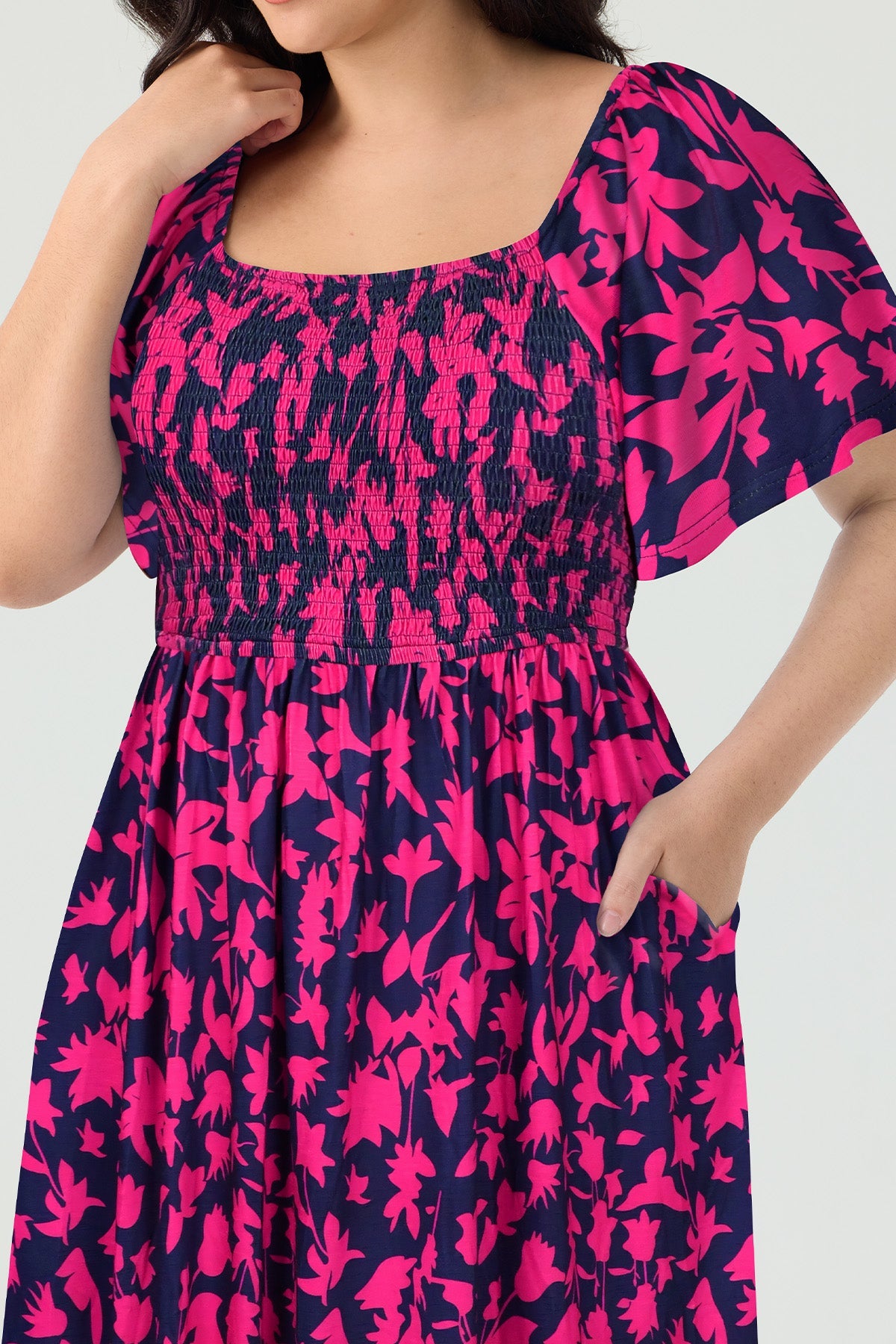 Pockets Elastic Square Neck Floral Midi Dress