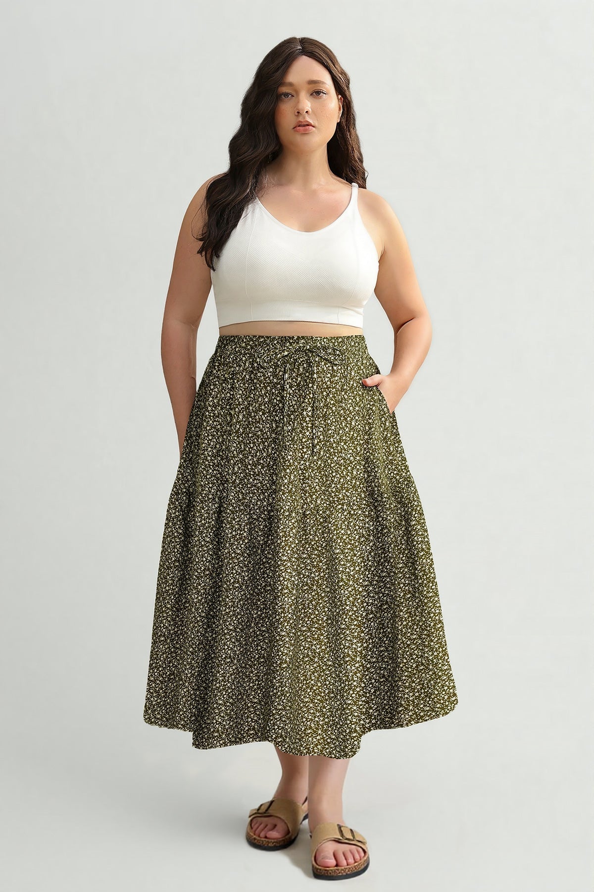 Ritera Pockets Drawstring Speckled Print A-Line Midi Skirt