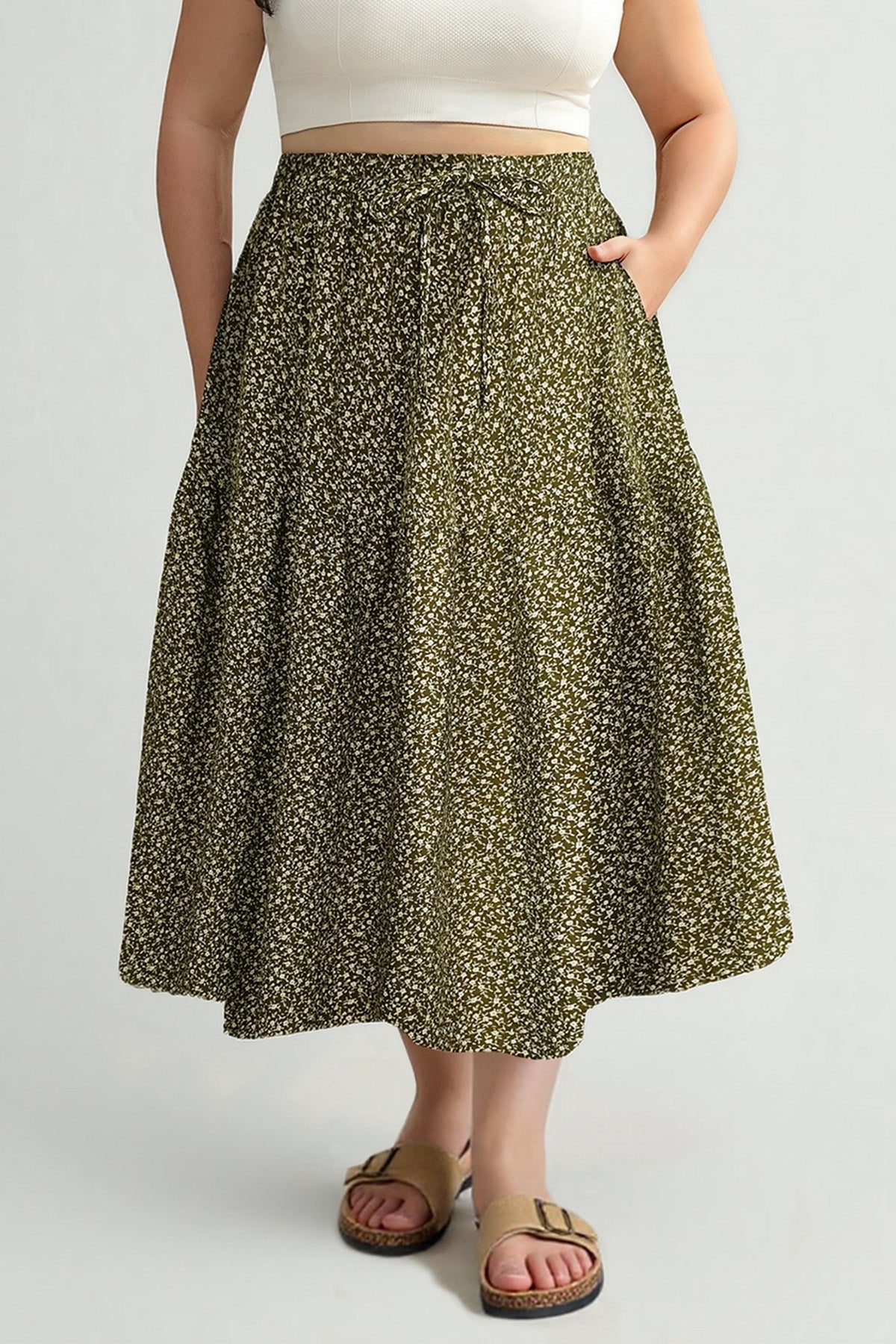 Ritera Pockets Drawstring Speckled Print A-Line Midi Skirt