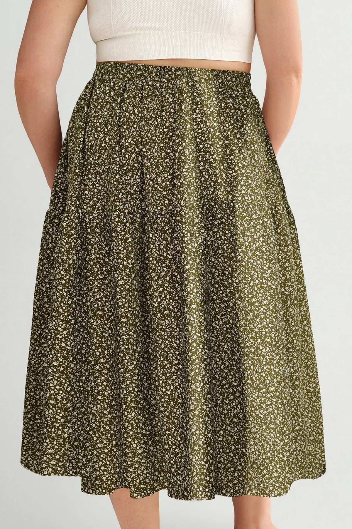 Ritera Pockets Drawstring Speckled Print A-Line Midi Skirt