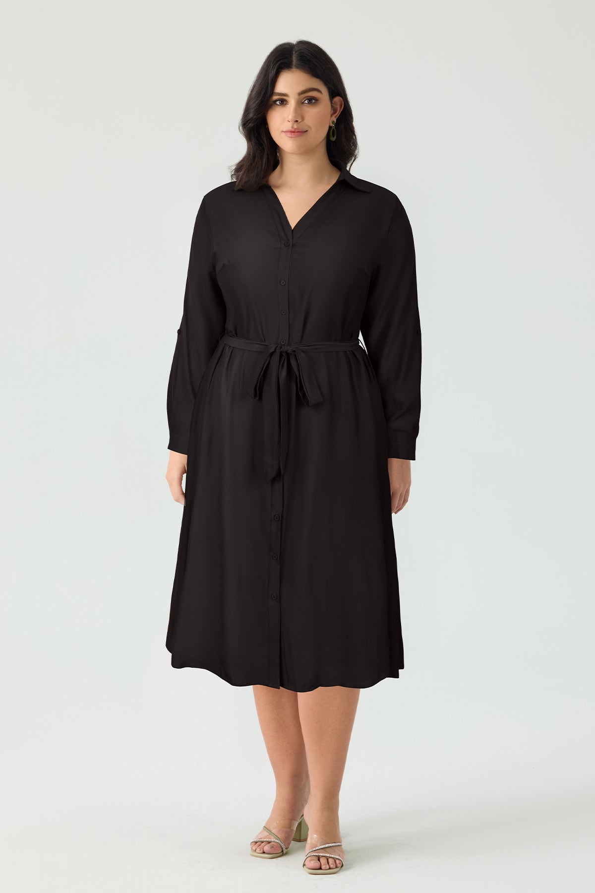 Ritera Pocket Plain Button Front Midi Dress with Tie Waist Belt