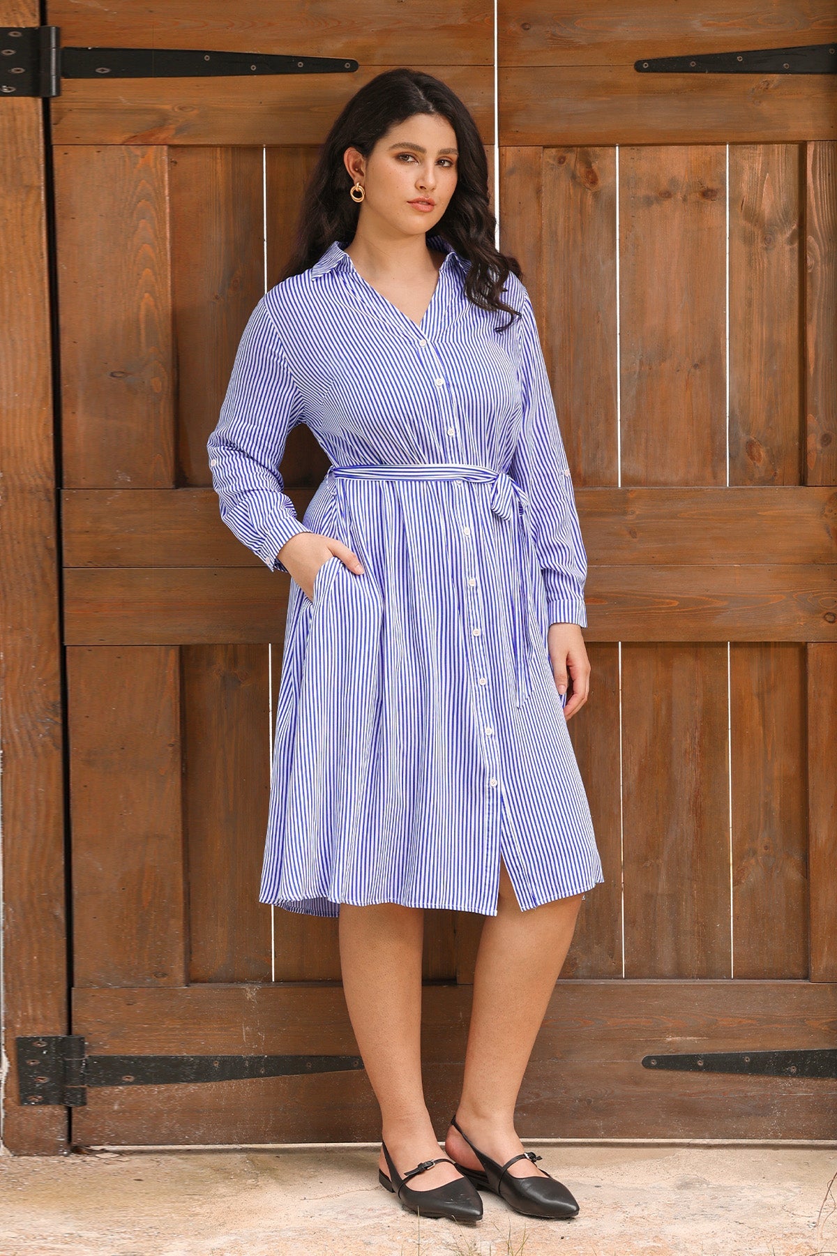 Ritera Pocket Floral Button Front Midi Dress with Tie Waist Belt