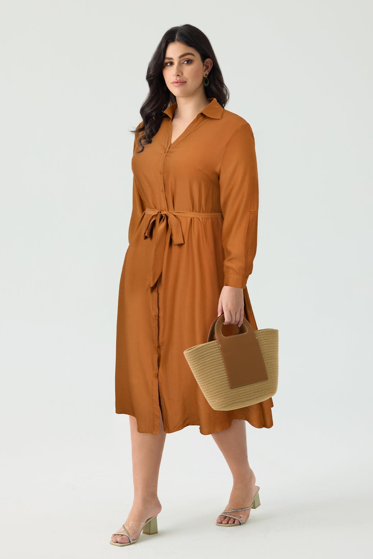 Ritera Pocket Plain Button Front Midi Dress with Tie Waist Belt