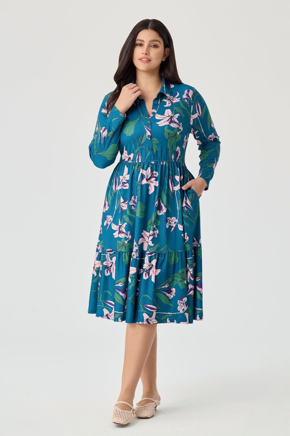 Floral Print Shirt Collar Long Sleeve Tiered Midi Dress