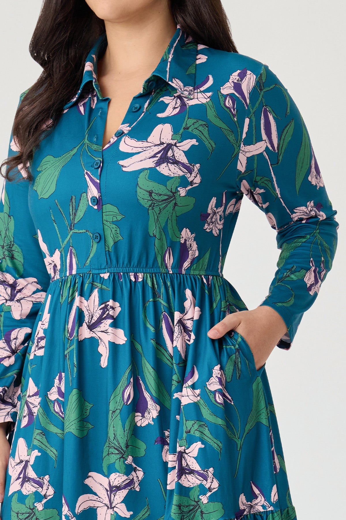 Floral Print Shirt Collar Long Sleeve Tiered Midi Dress