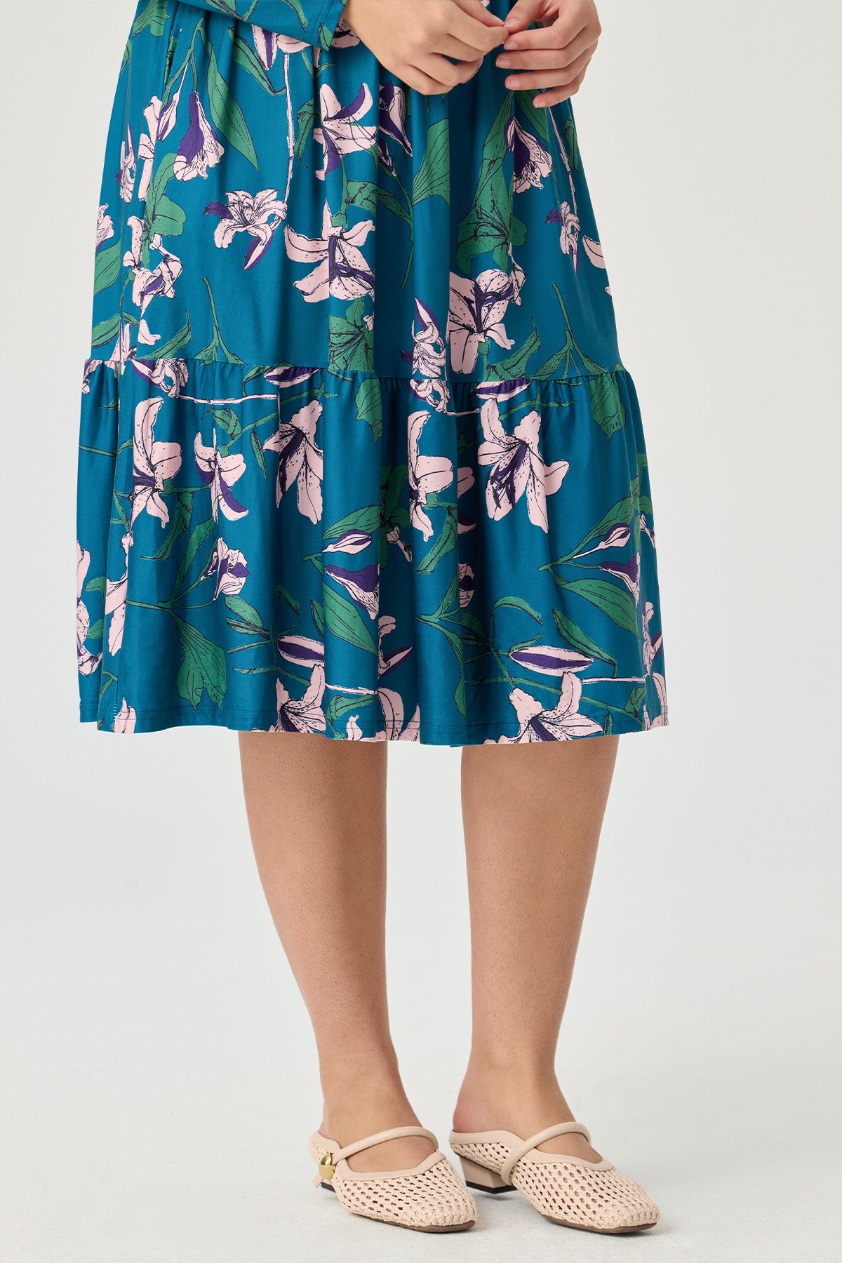 Floral Print Shirt Collar Long Sleeve Tiered Midi Dress