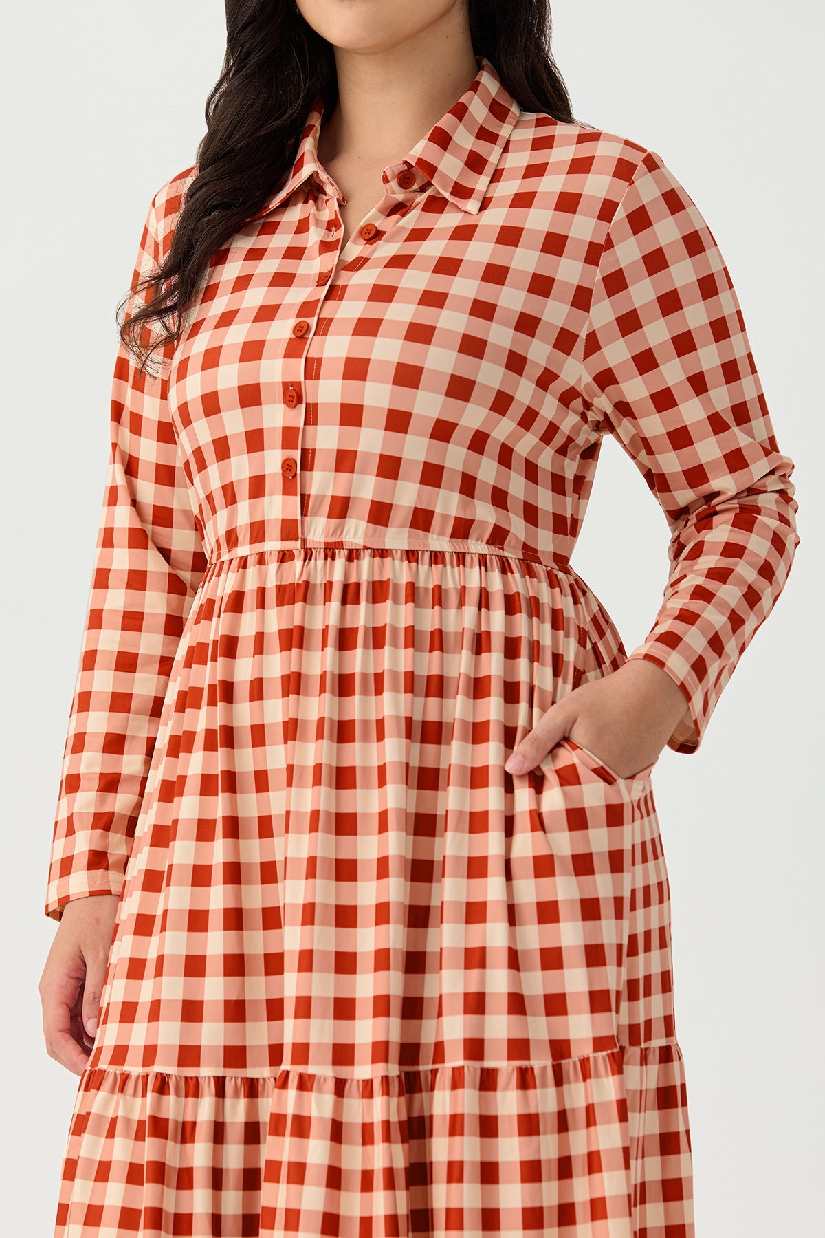 Ritera Pockets Gingham Check Print Tiered Midi Dress