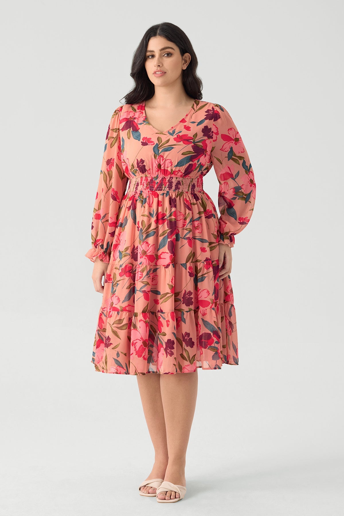 Ritera Pockets Floral Smocked Waist Long Sleeve Tiered Midi Dress