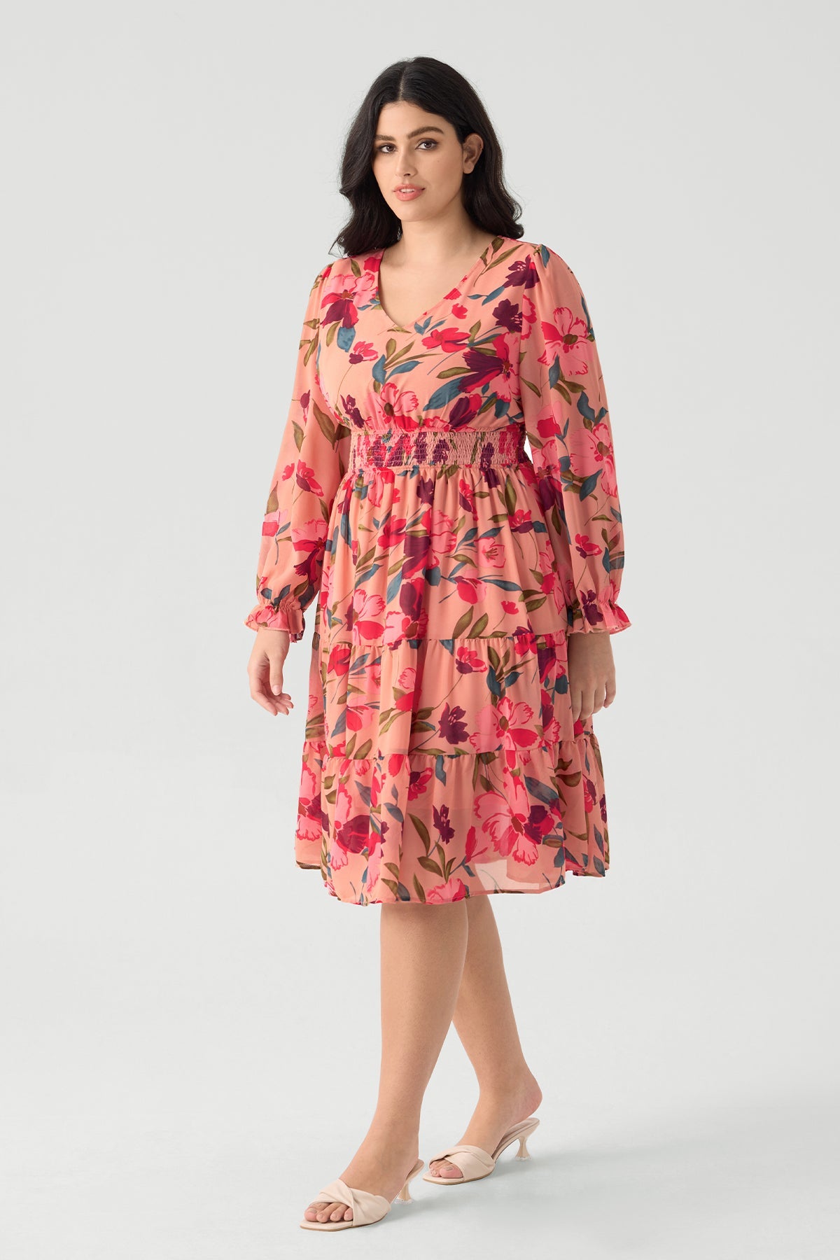 Ritera Pockets Floral Smocked Waist Long Sleeve Tiered Midi Dress