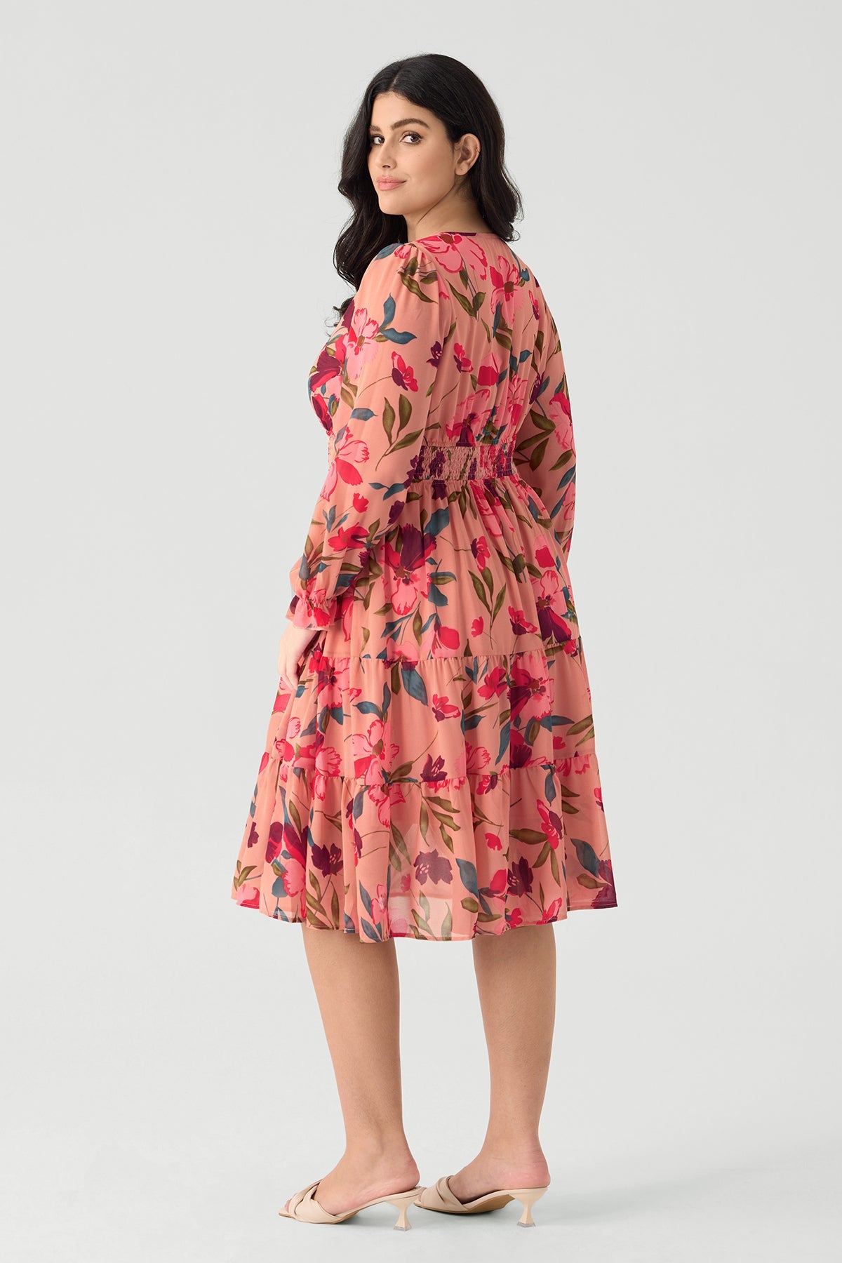 Ritera Pockets Floral Smocked Waist Long Sleeve Tiered Midi Dress