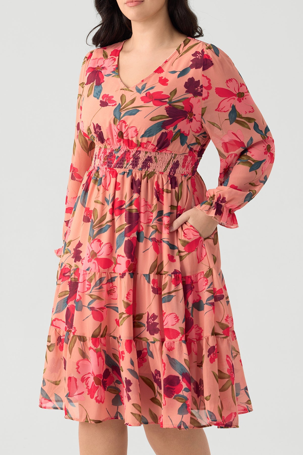 Ritera Pockets Floral Smocked Waist Long Sleeve Tiered Midi Dress