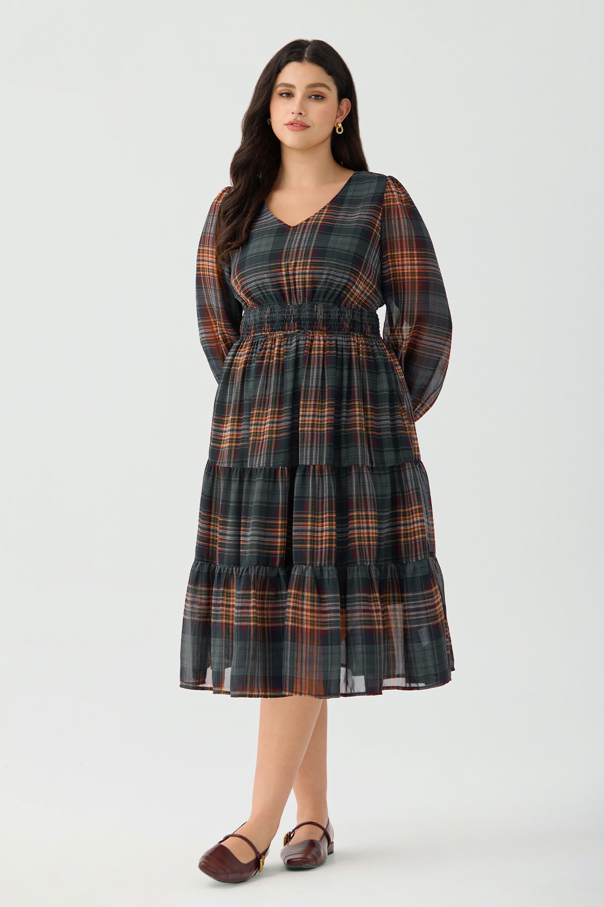 Ritera Pockets Plaid Smocked Waist Long Sleeve Tiered Midi Dress