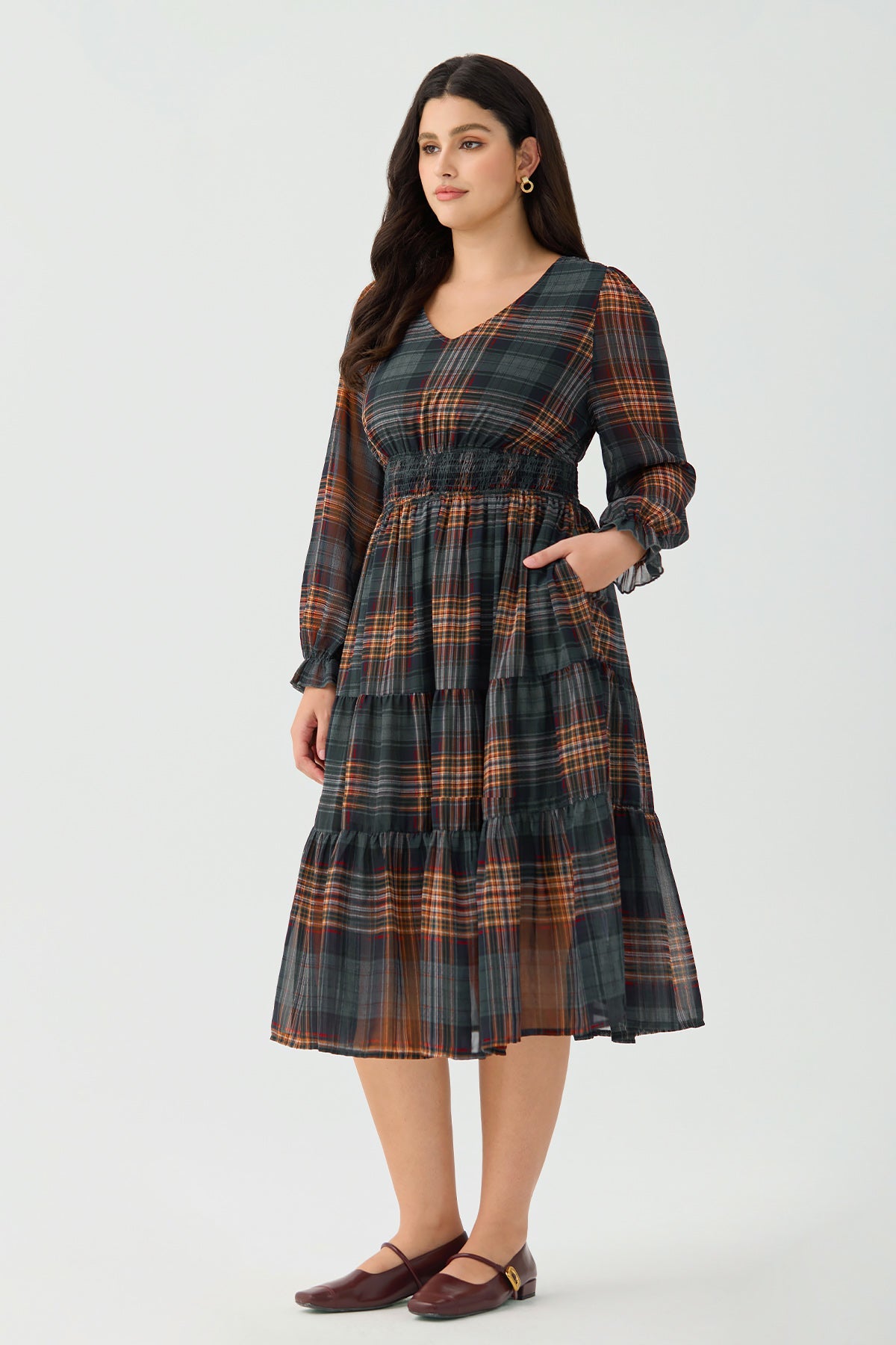 Ritera Pockets Plaid Smocked Waist Long Sleeve Tiered Midi Dress
