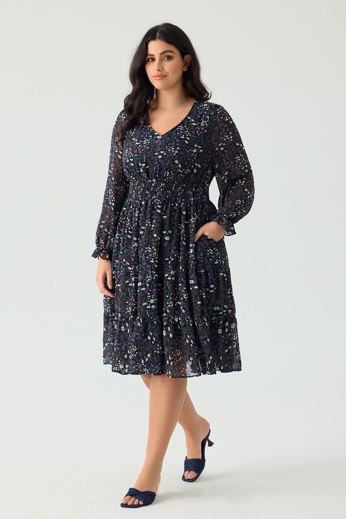 Ritera Pockets Floral Smocked Waist Long Sleeve Tiered Midi Dress