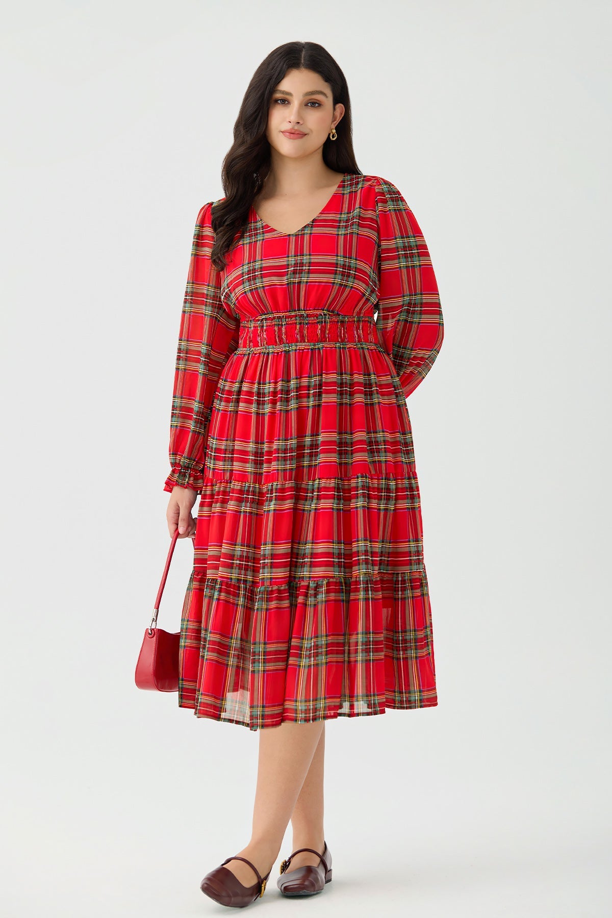Ritera Pockets Plaid Smocked Waist Long Sleeve Tiered Midi Dress