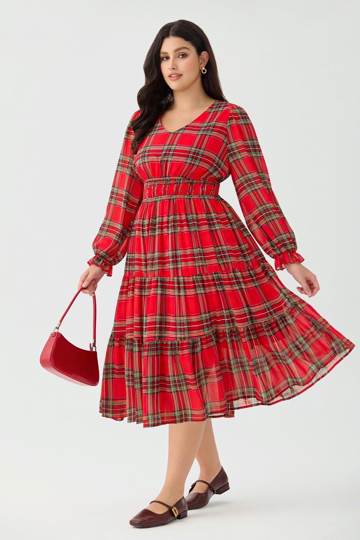 Ritera Pockets Plaid Smocked Waist Long Sleeve Tiered Midi Dress