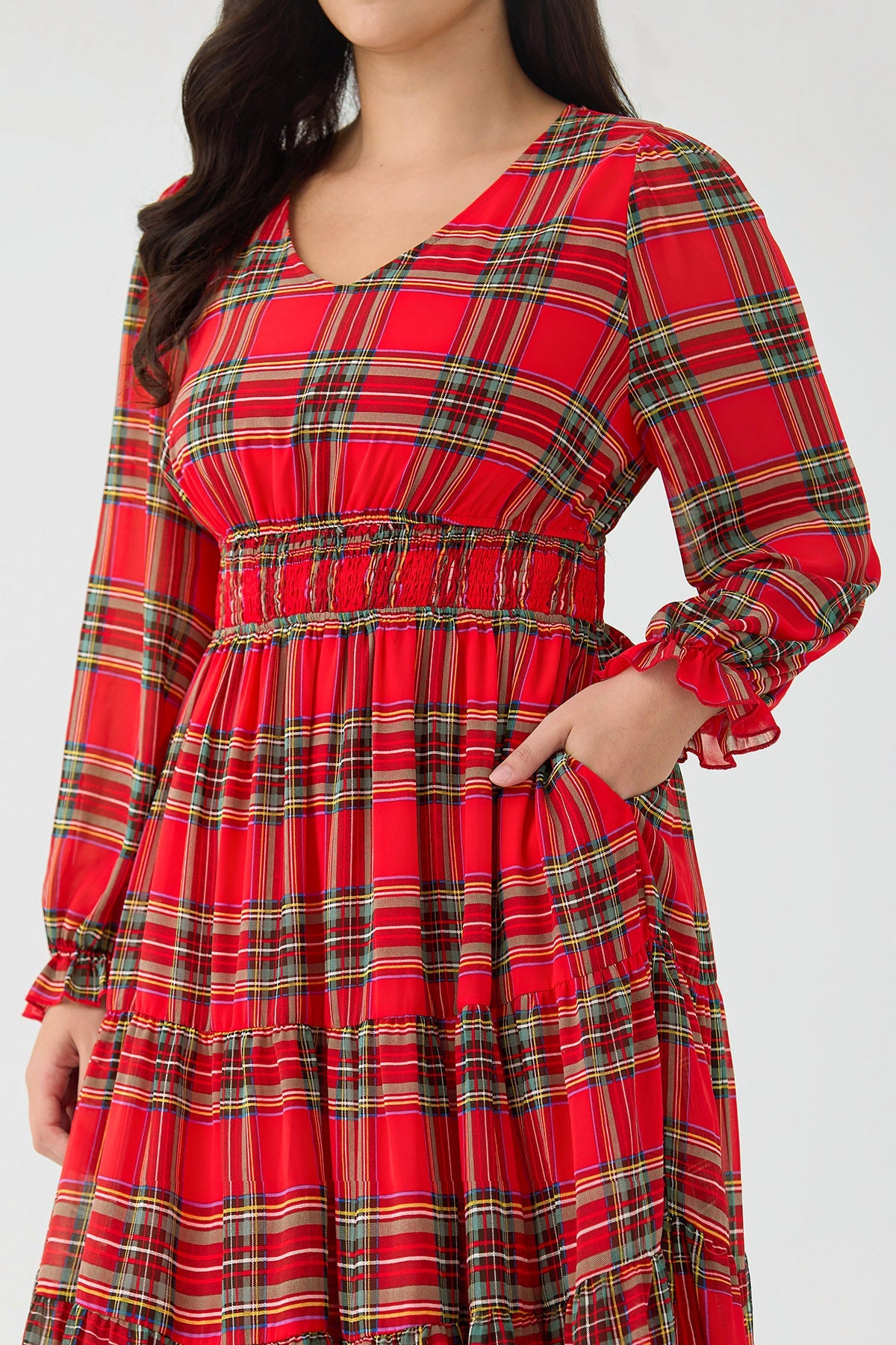 Ritera Pockets Plaid Smocked Waist Long Sleeve Tiered Midi Dress