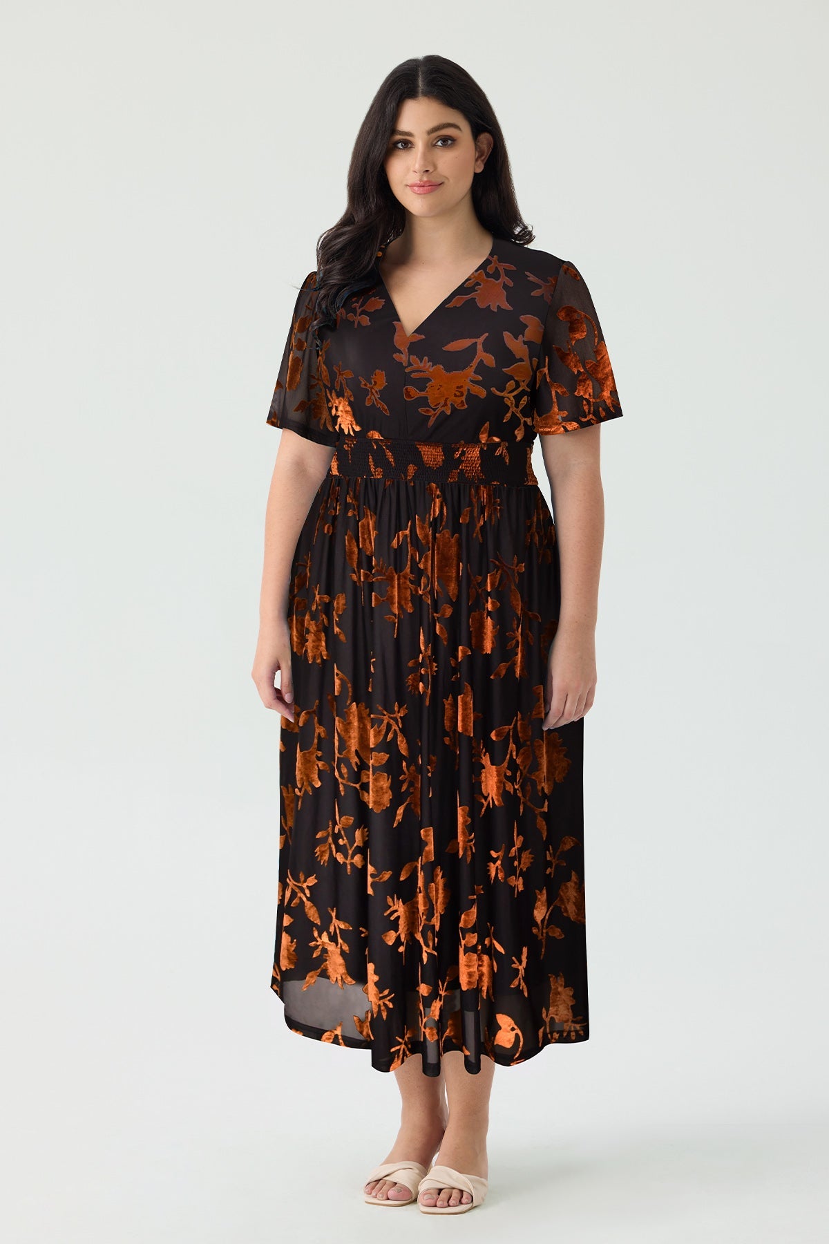 Ritera Pockets Smocked Waist Jacquard Floral A-Line Midi Dress