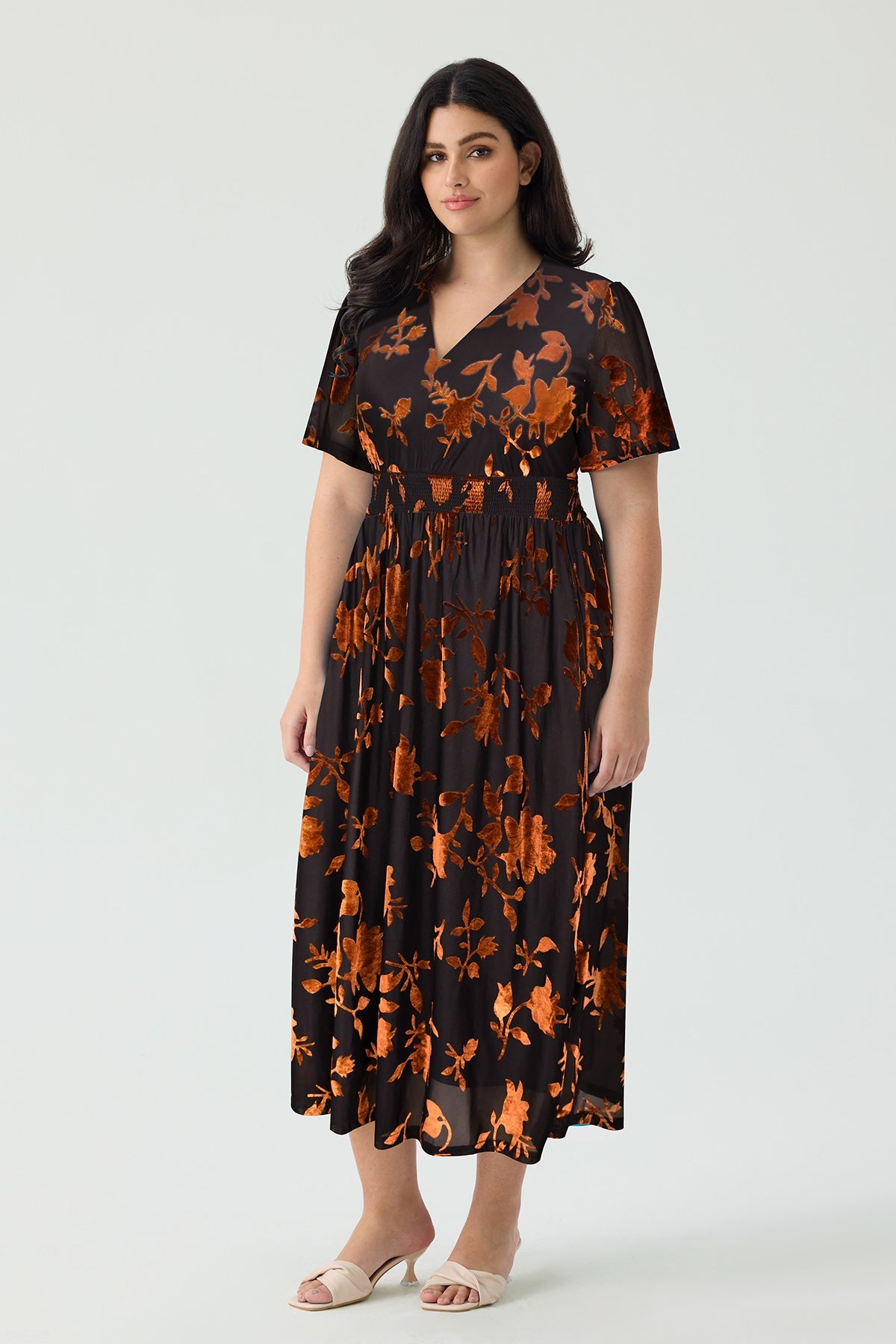 Ritera Pockets Smocked Waist Jacquard Floral A-Line Midi Dress