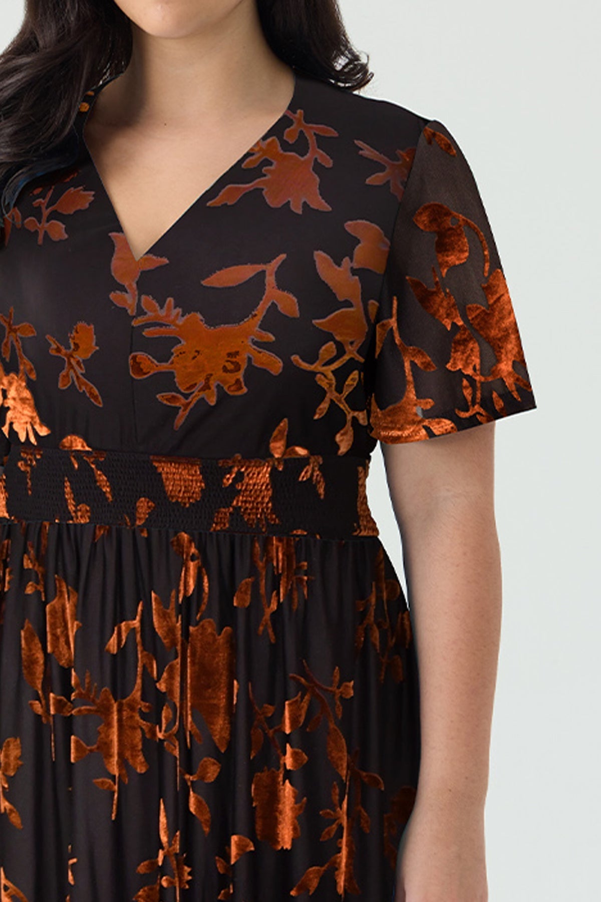 Ritera Pockets Smocked Waist Jacquard Floral A-Line Midi Dress