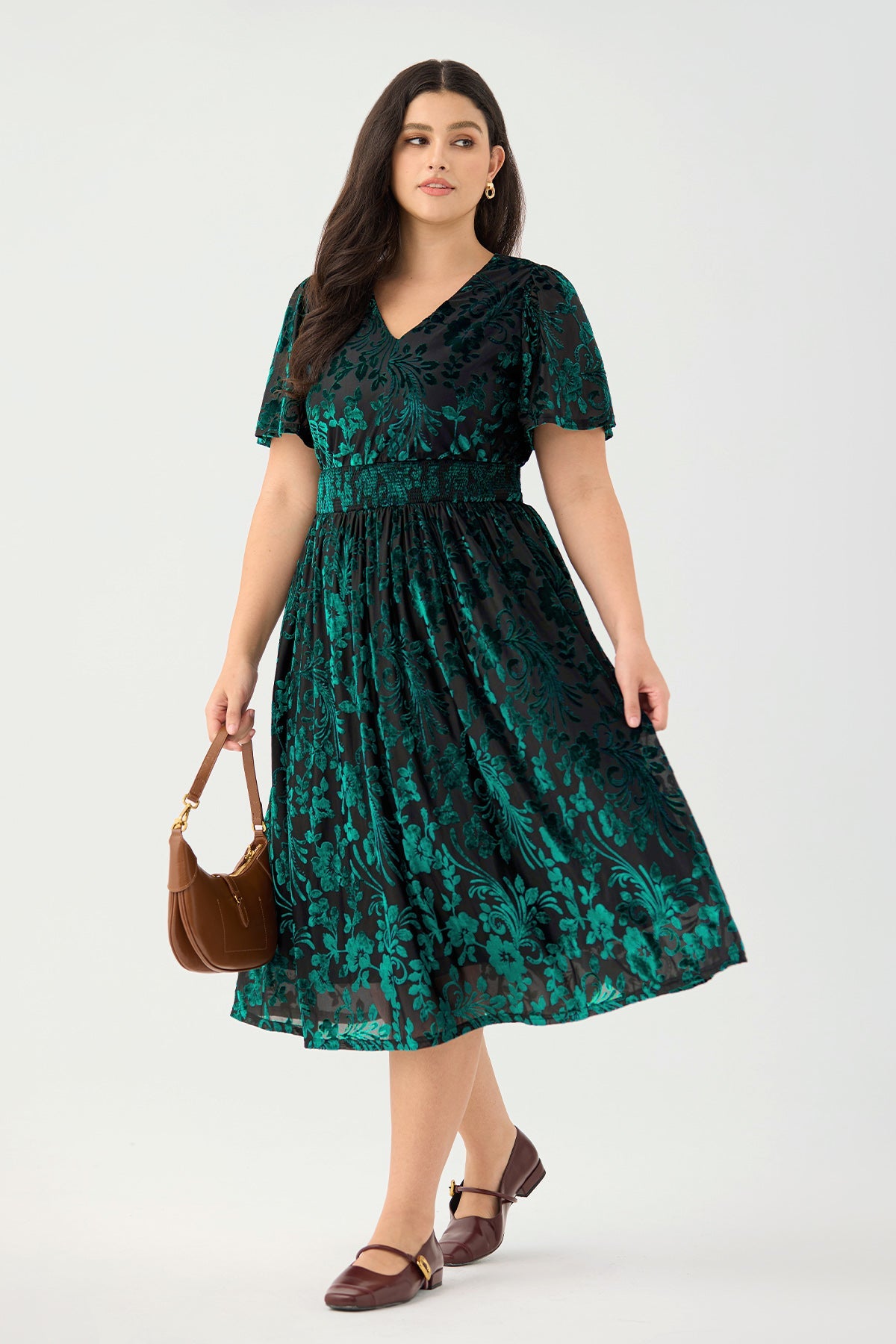 Ritera Pockets Smocked Waist Jacquard Floral A-Line Midi Dress