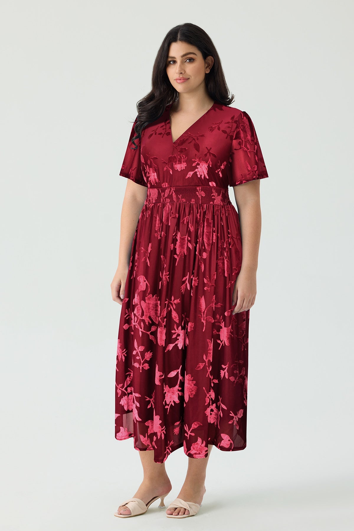 Ritera Pockets Smocked Waist Jacquard Floral A-Line Midi Dress