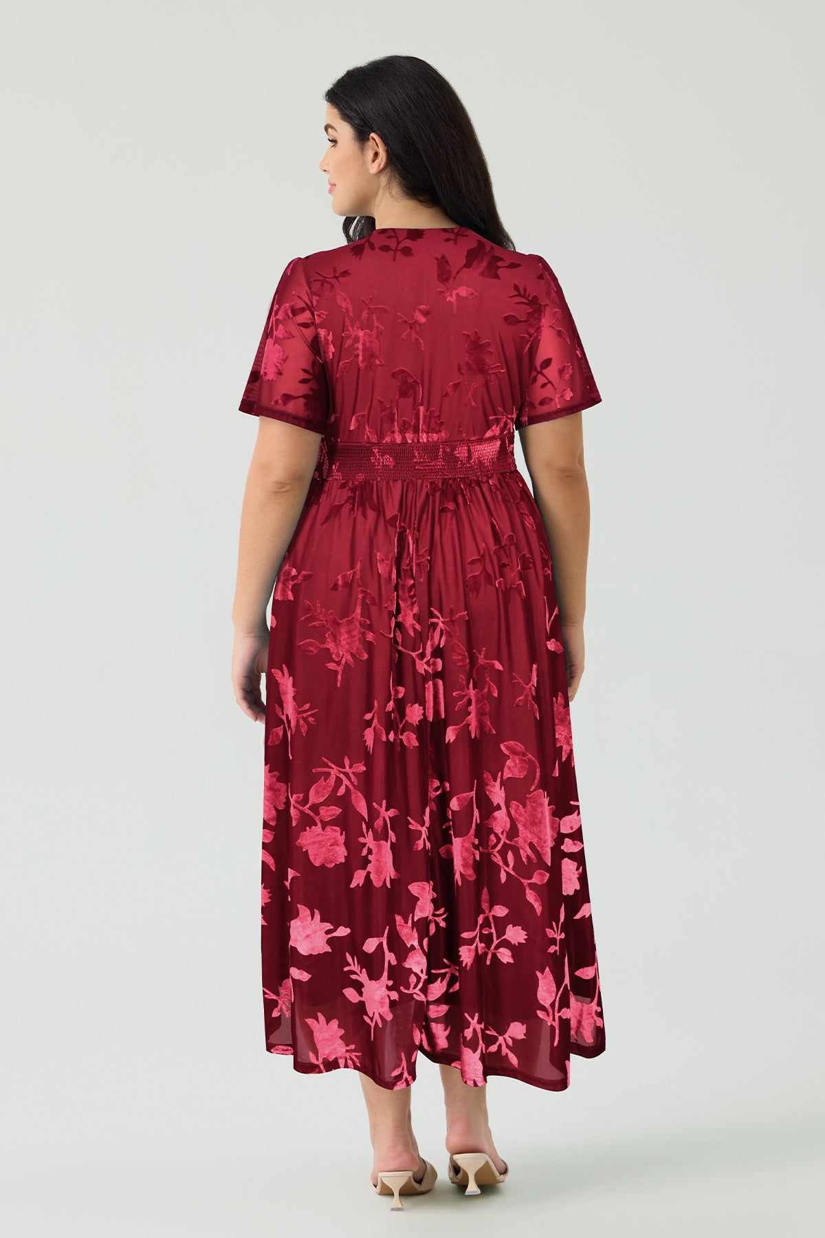 Ritera Pockets Smocked Waist Jacquard Floral A-Line Midi Dress