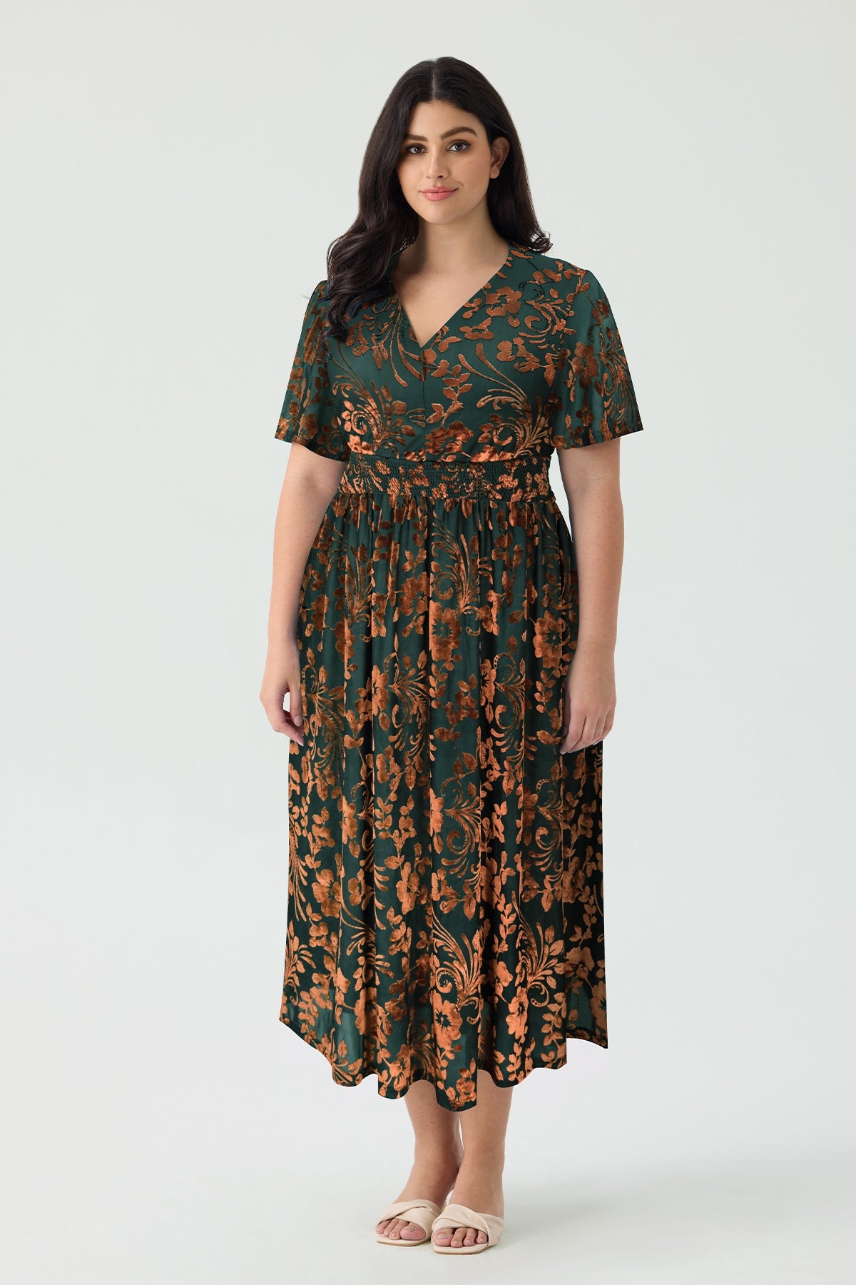 Ritera Pockets Smocked Waist Jacquard Floral A-Line Midi Dress