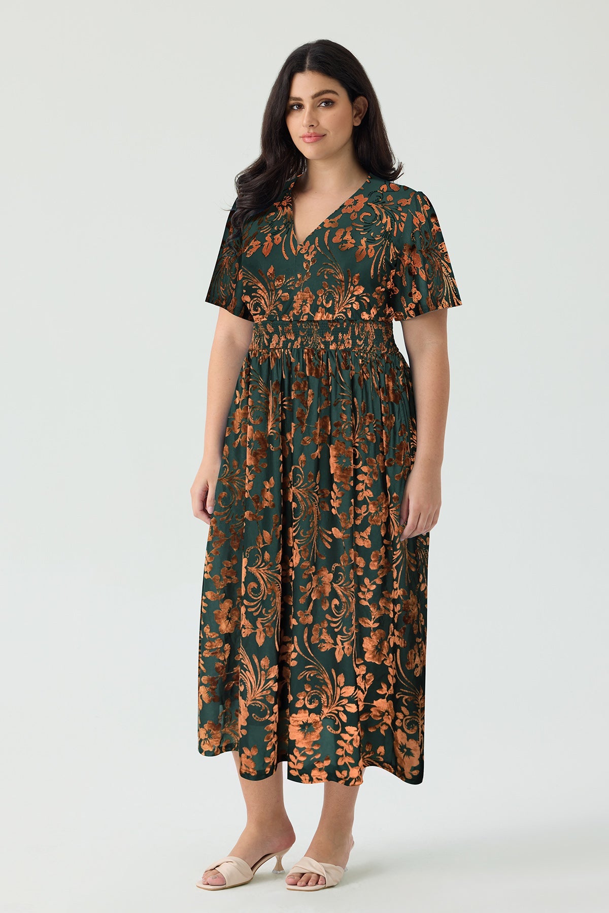 Ritera Pockets Smocked Waist Jacquard Floral A-Line Midi Dress