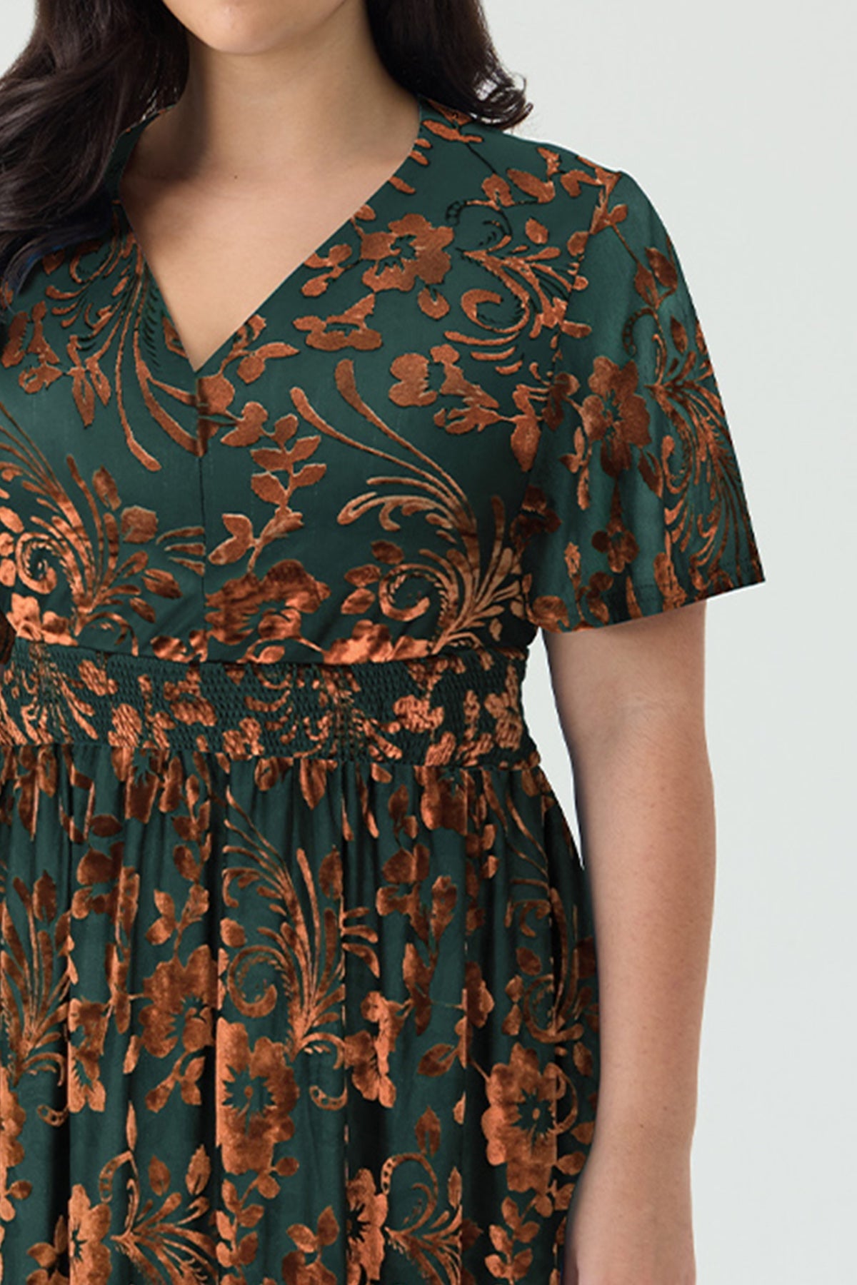 Ritera Pockets Smocked Waist Jacquard Floral A-Line Midi Dress