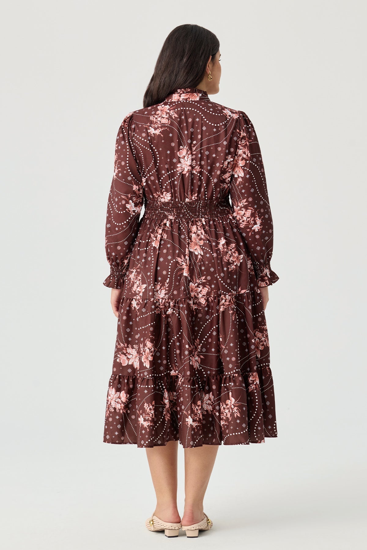 Ritera Pockets Floral Dotted Tiered Flowy Smocked Midi Dress