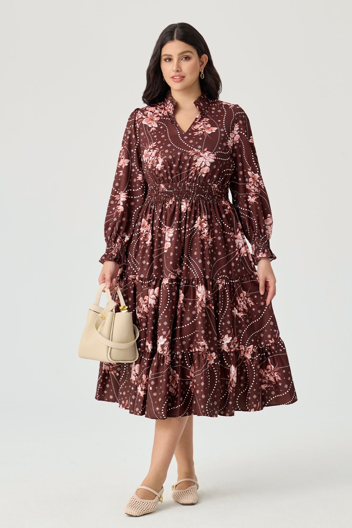 Ritera Pockets Floral Dotted Tiered Flowy Smocked Midi Dress