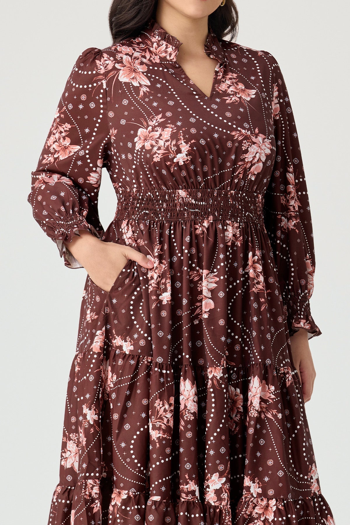 Ritera Pockets Floral Dotted Tiered Flowy Smocked Midi Dress