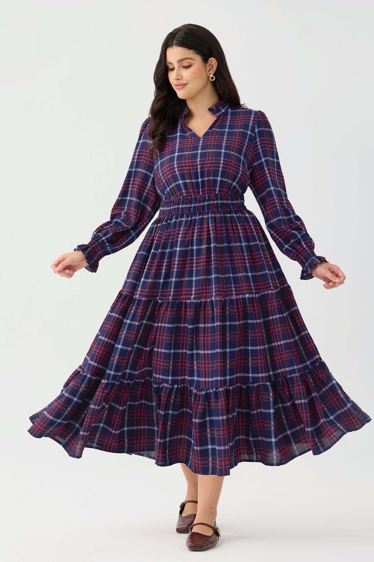 Ritera Pockets Plaid Tiered Smocked Waist Flowy Midi Dress