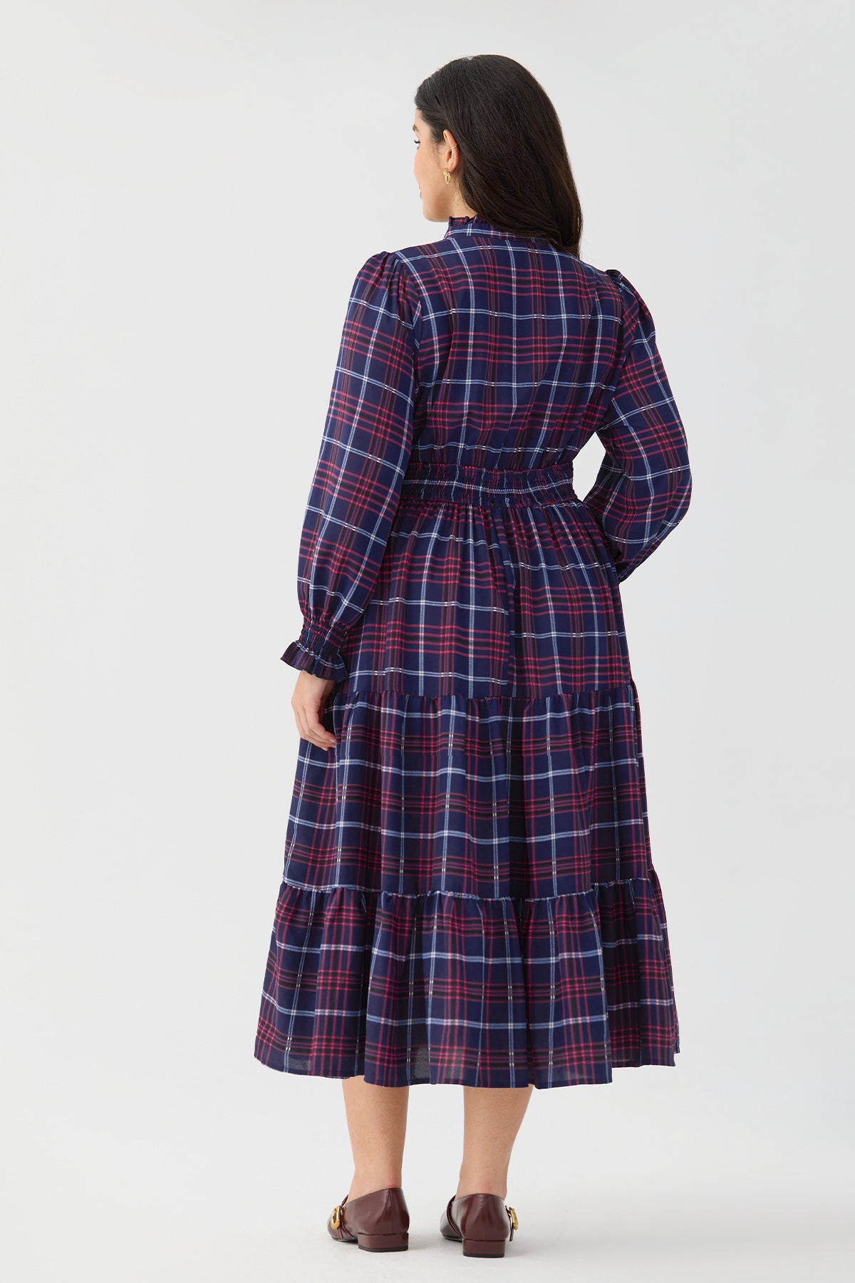 Ritera Pockets Plaid Tiered Smocked Waist Flowy Midi Dress