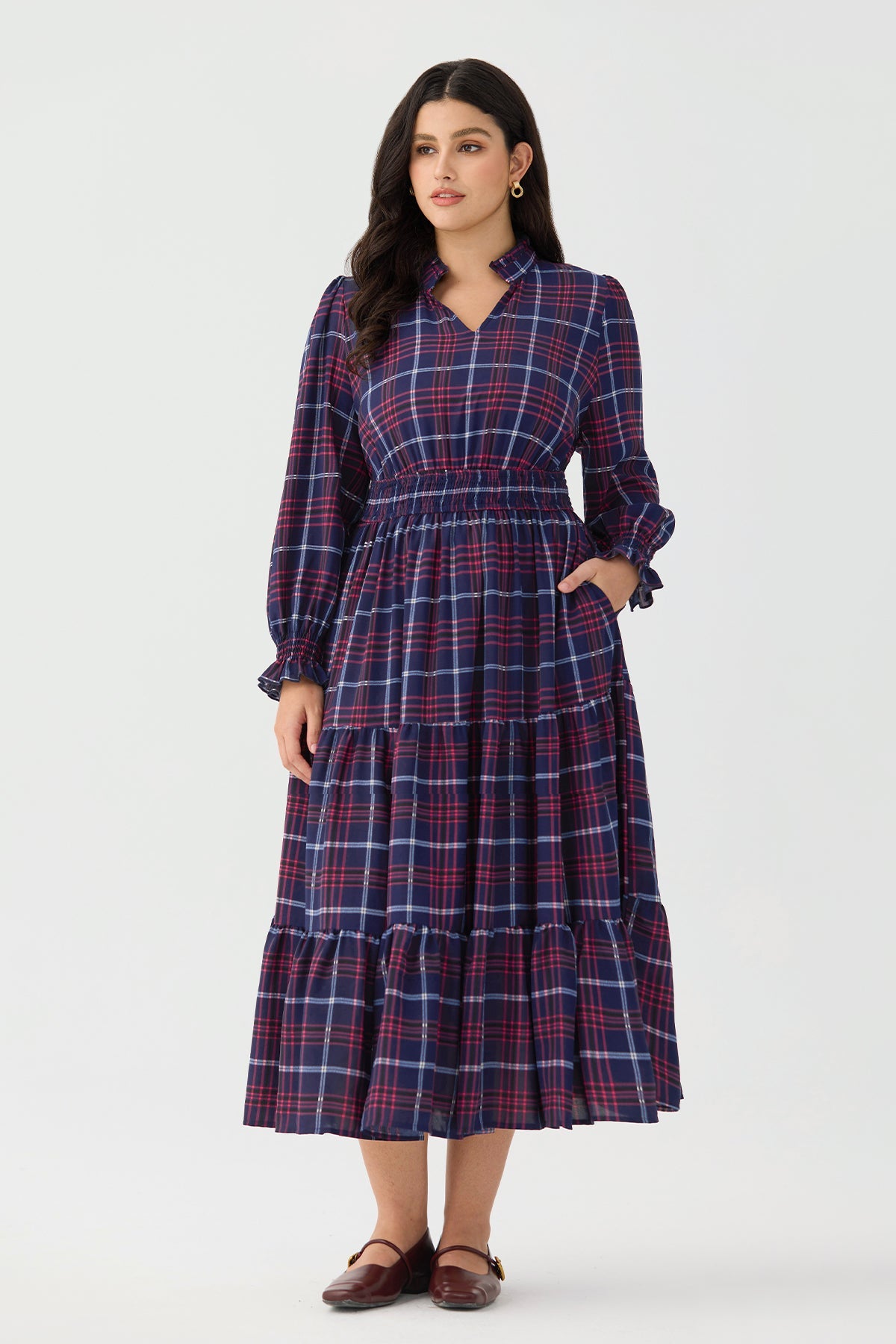 Ritera Pockets Plaid Tiered Smocked Waist Flowy Midi Dress