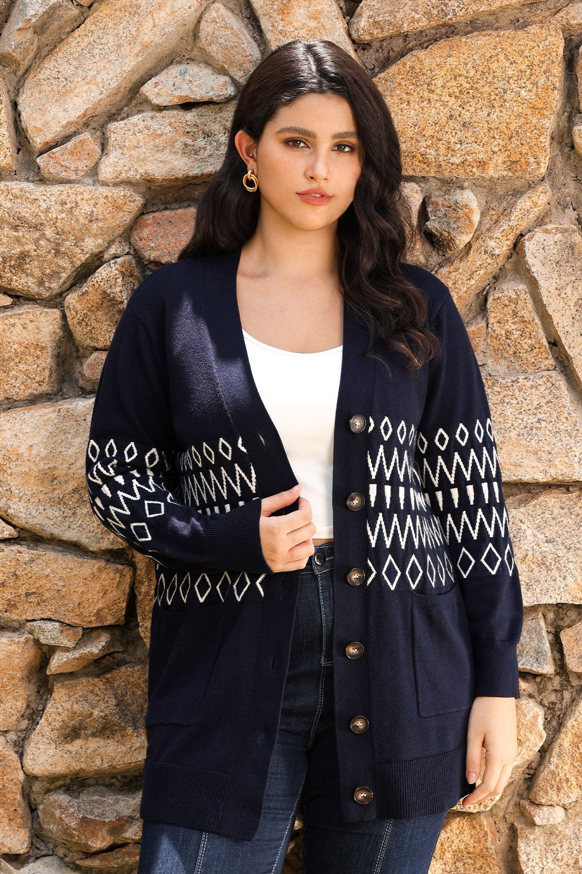 Ritera Pockets Aztec Pattern Button-Up Knit Cardigan