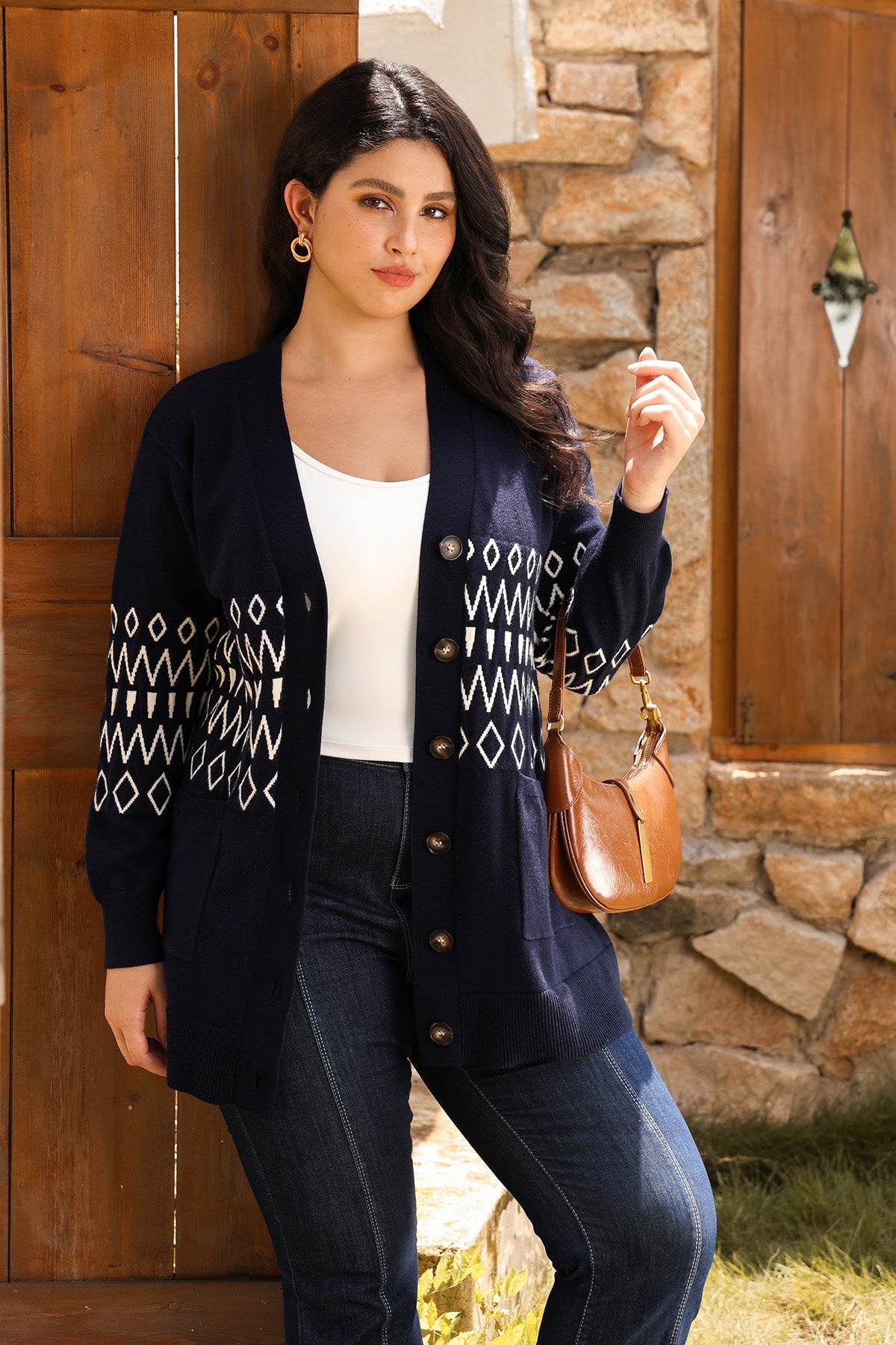 Ritera Pockets Aztec Pattern Button-Up Knit Cardigan